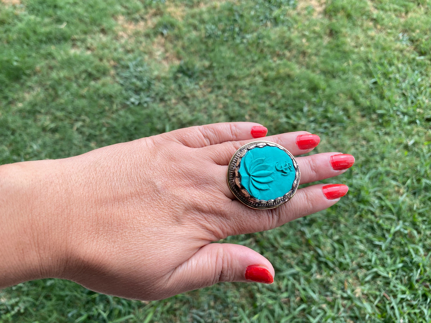 Large Adjustable Compressed Turquoise Tibetan Silver Ring, Owl with Skull, Middle Finger or Lotus with Om Carved Rings, Statement Big Ring
