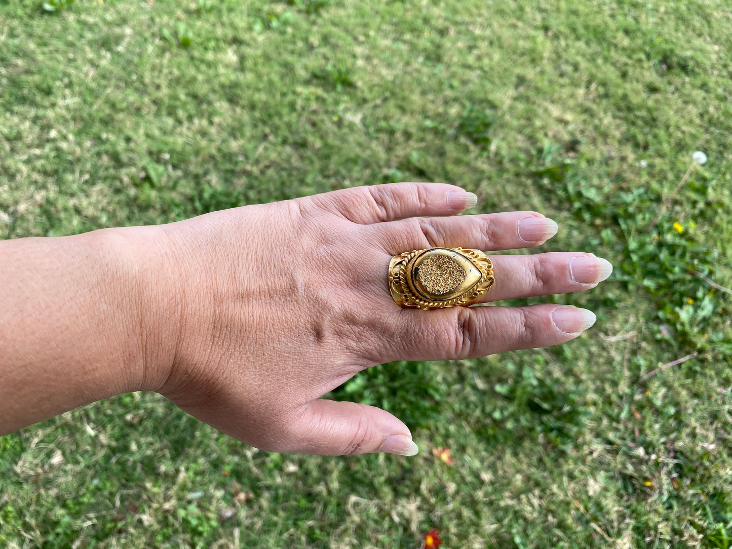 Large Adjustable Druzy Statement Ring, High Quality 18K Brushed Gold Overlay, Designer Cocktail Ring, Women's Ring, Wide Band Ring, Bohemian
