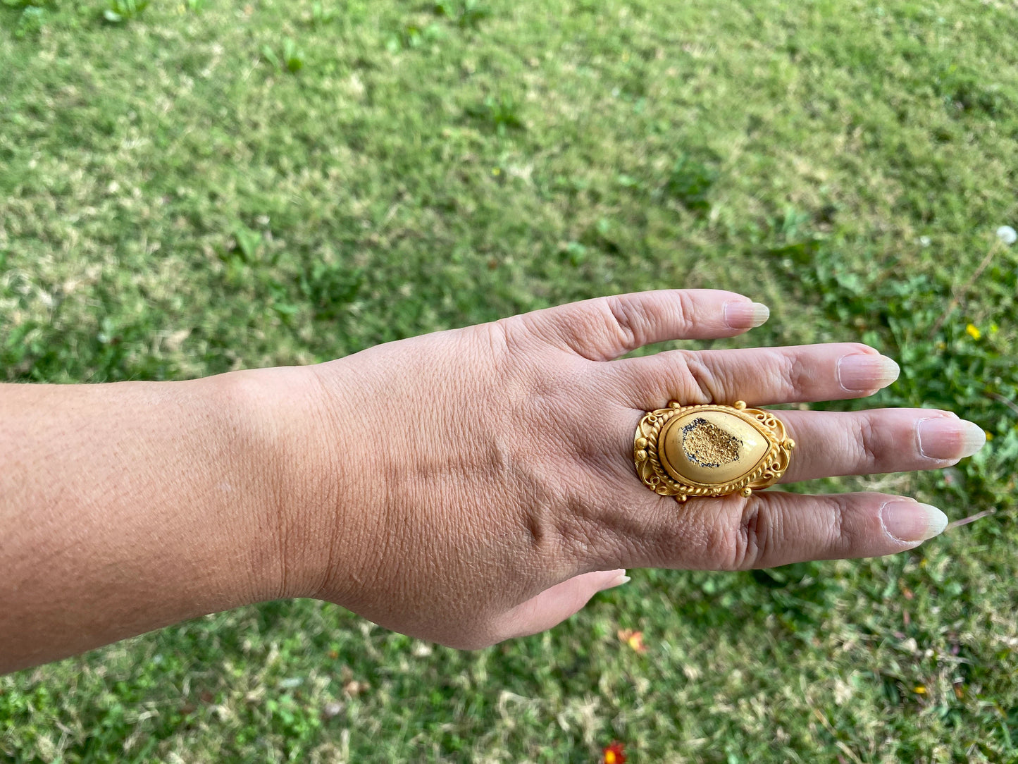Large Adjustable Druzy Statement Ring, High Quality 18K Brushed Gold Overlay, Designer Cocktail Ring, Women's Ring, Wide Band Ring, Bohemian