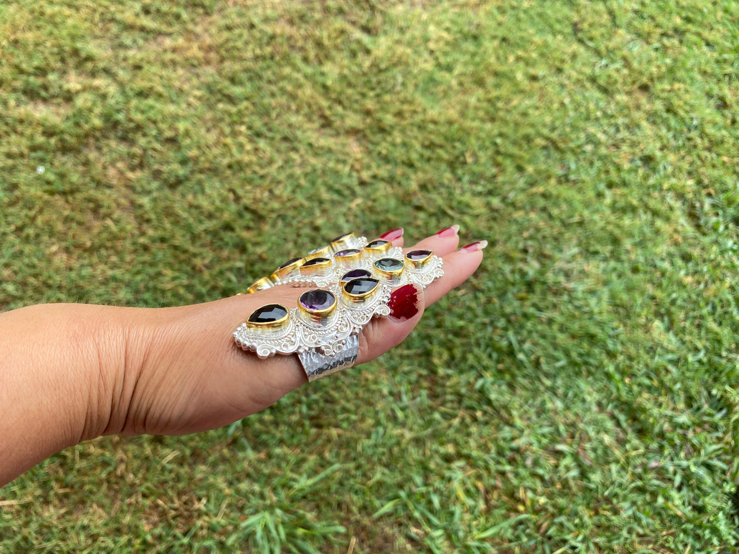 Large Adjustable Gemstone Ring, Two Tone Silver & Gold Overlay Ring, Amethyst with Smoky Topaz Ring, Large Band Ring, Statement Ring