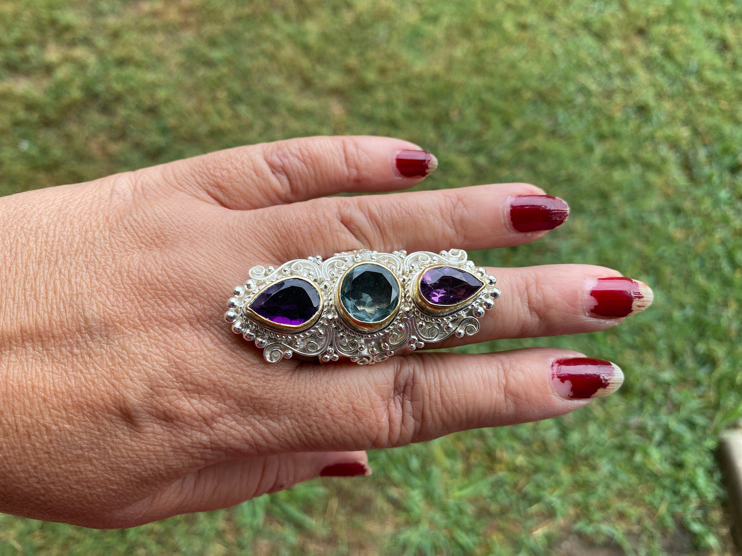 Large Adjustable Gemstone Ring, Two Tone Silver & Gold Overlay Ring, Amethyst with Smoky Topaz Ring, Large Band Ring, Statement Ring