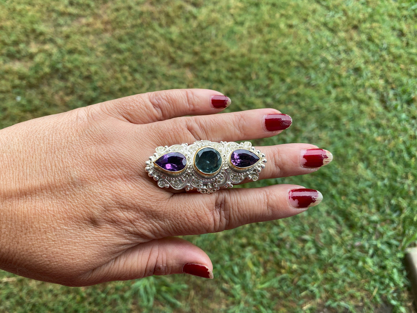 Large Adjustable Gemstone Ring, Two Tone Silver & Gold Overlay Ring, Amethyst with Smoky Topaz Ring, Large Band Ring, Statement Ring