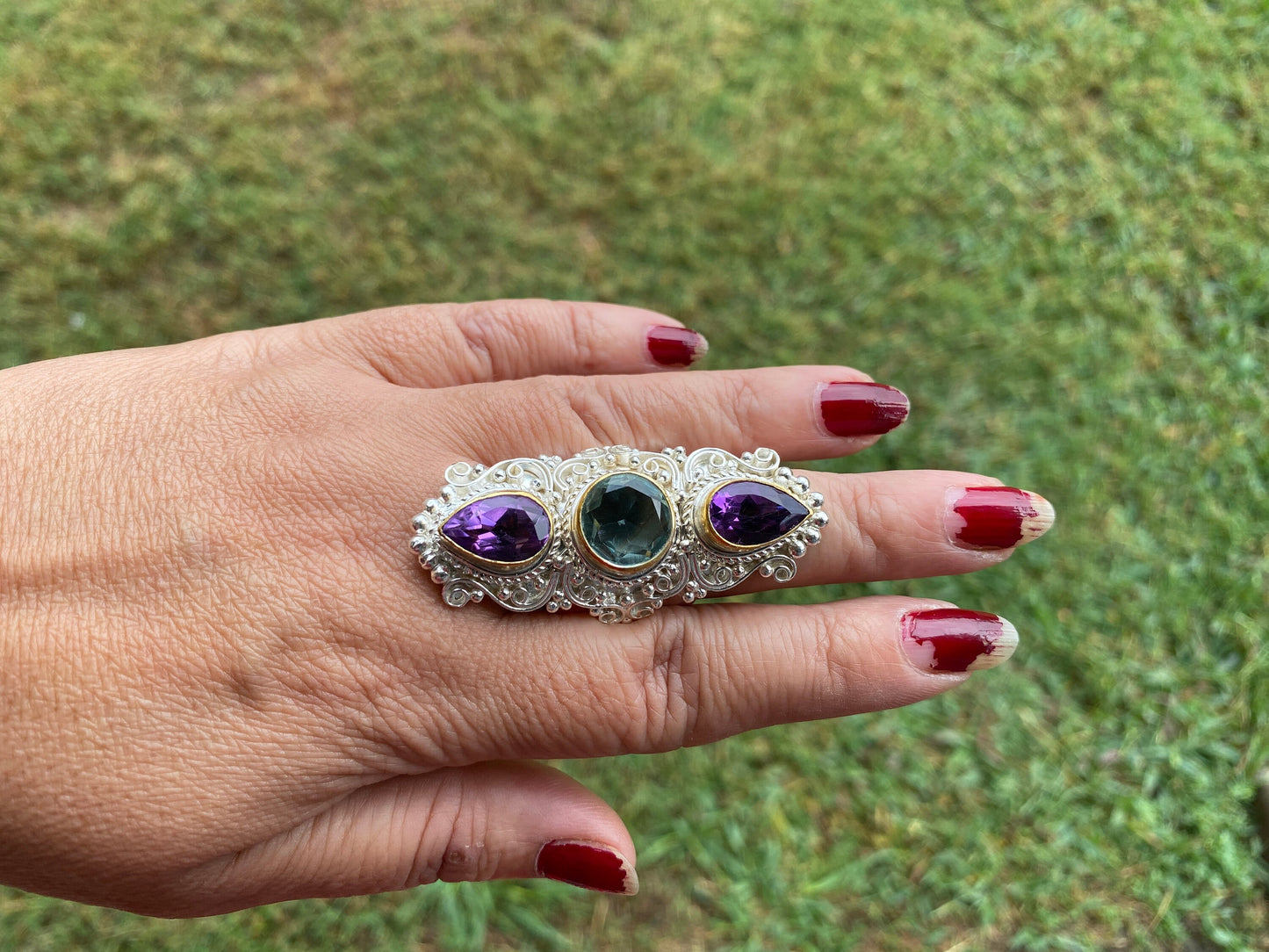 Large Adjustable Gemstone Ring, Two Tone Silver & Gold Overlay Ring, Amethyst with Smoky Topaz Ring, Large Band Ring, Statement Ring
