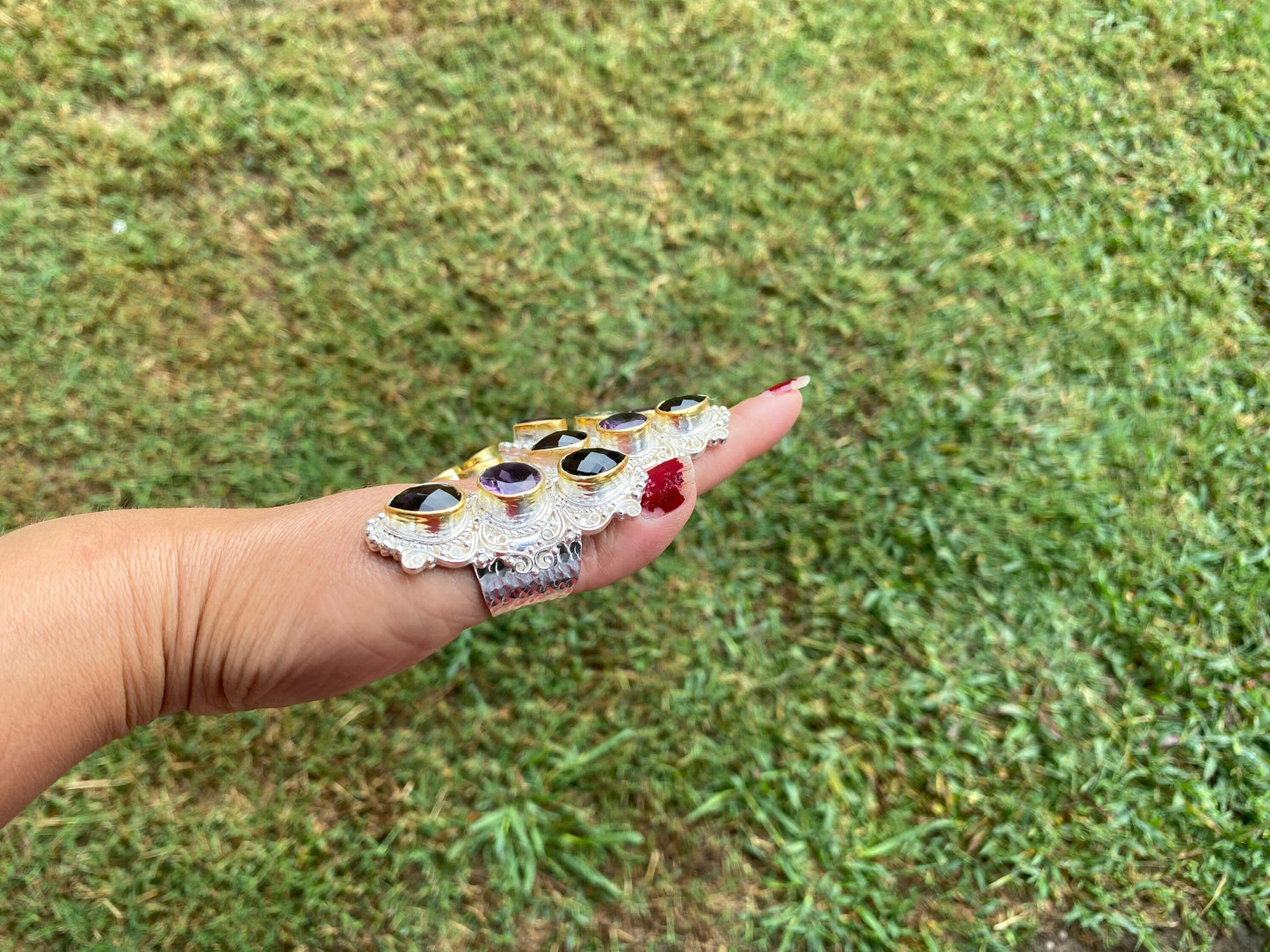 Large Adjustable Multi Gemstone Ring, Two Tone Ring, Gold and Silver Overlay Ring, Amethyst with Smoky Topaz, Statement Ring, Boho Ring