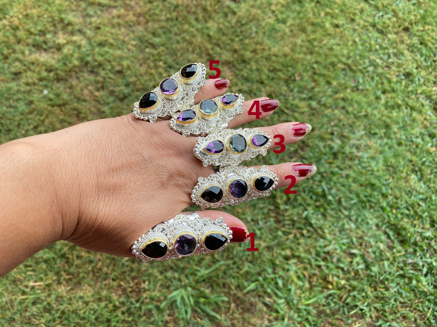 Large Adjustable Multi Gemstone Ring, Two Tone Ring, Gold and Silver Overlay Ring, Amethyst with Smoky Topaz, Statement Ring, Boho Ring