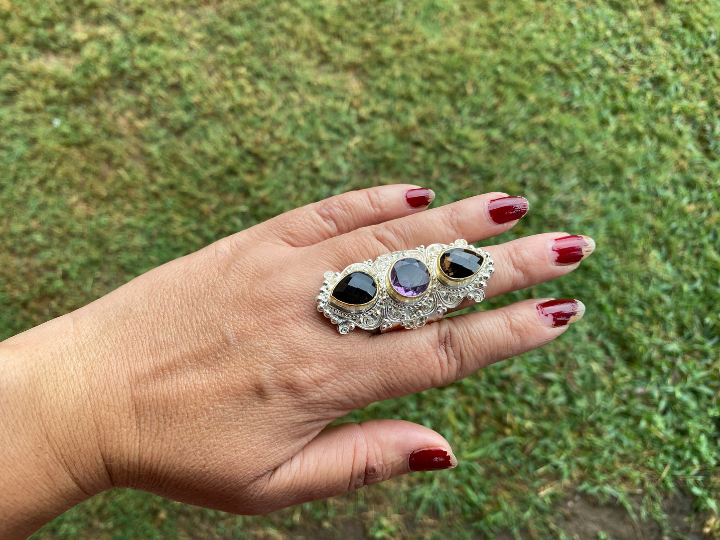 Large Adjustable Multi Gemstone Ring, Two Tone Ring, Gold and Silver Overlay Ring, Amethyst with Smoky Topaz, Statement Ring, Boho Ring