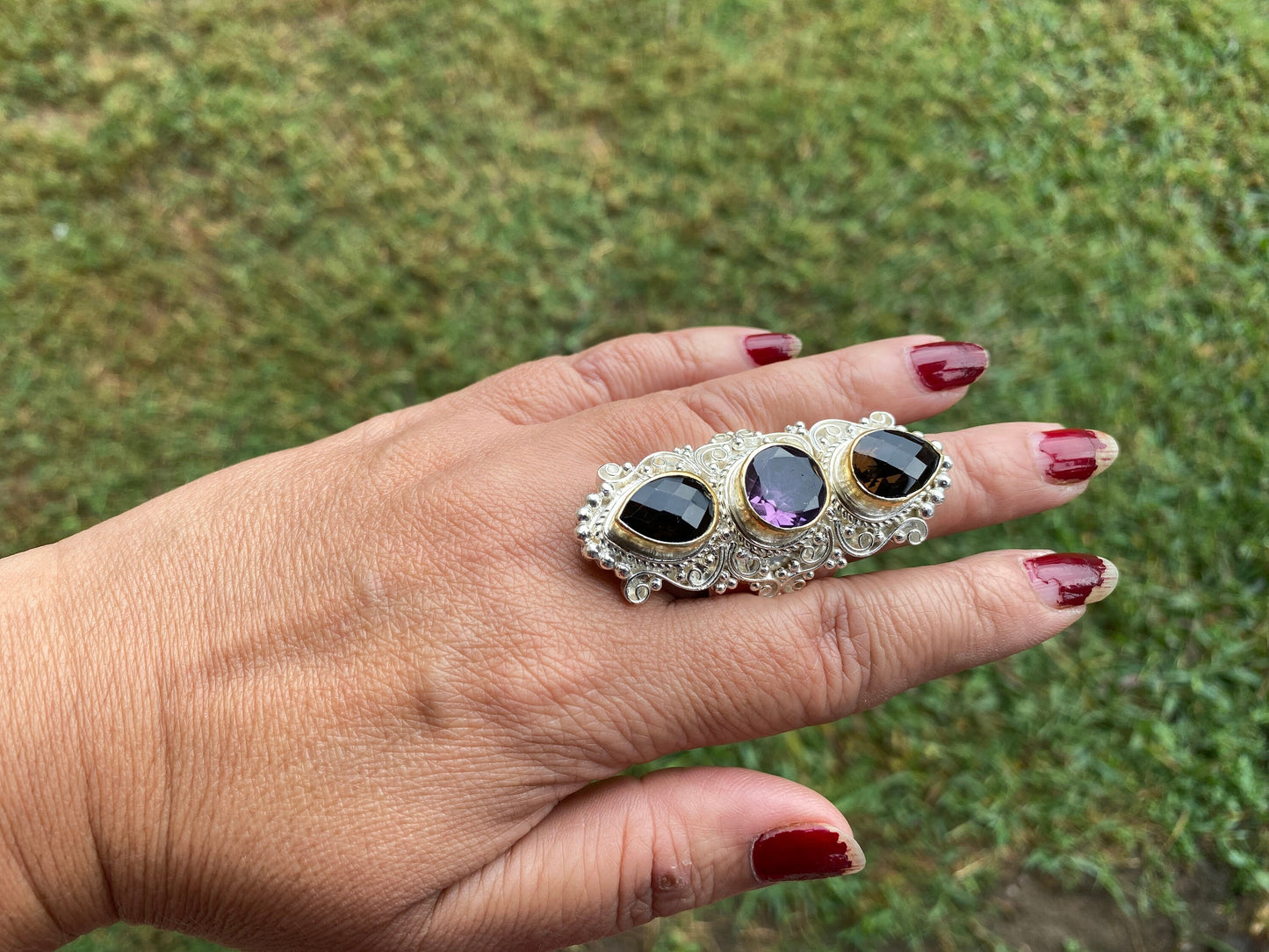 Large Adjustable Multi Gemstone Ring, Two Tone Ring, Gold and Silver Overlay Ring, Amethyst with Smoky Topaz, Statement Ring, Boho Ring