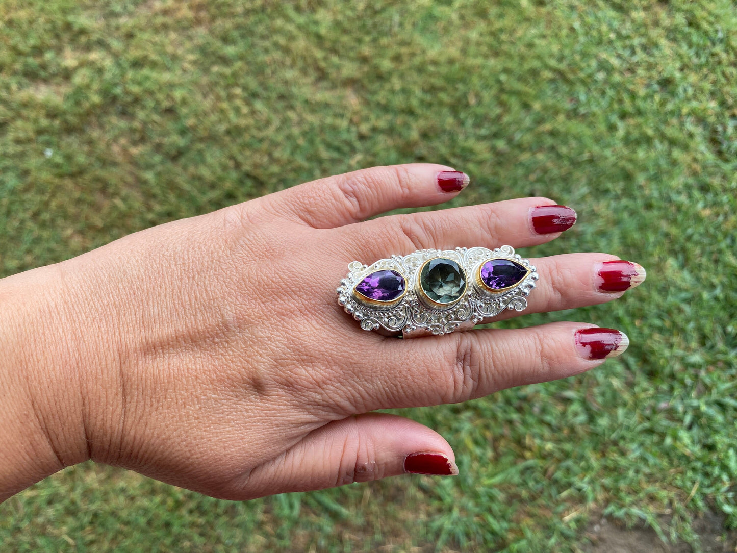 Large Adjustable Multi Gemstone Ring, Two Tone Ring, Gold and Silver Overlay Ring, Amethyst with Smoky Topaz, Statement Ring, Boho Ring