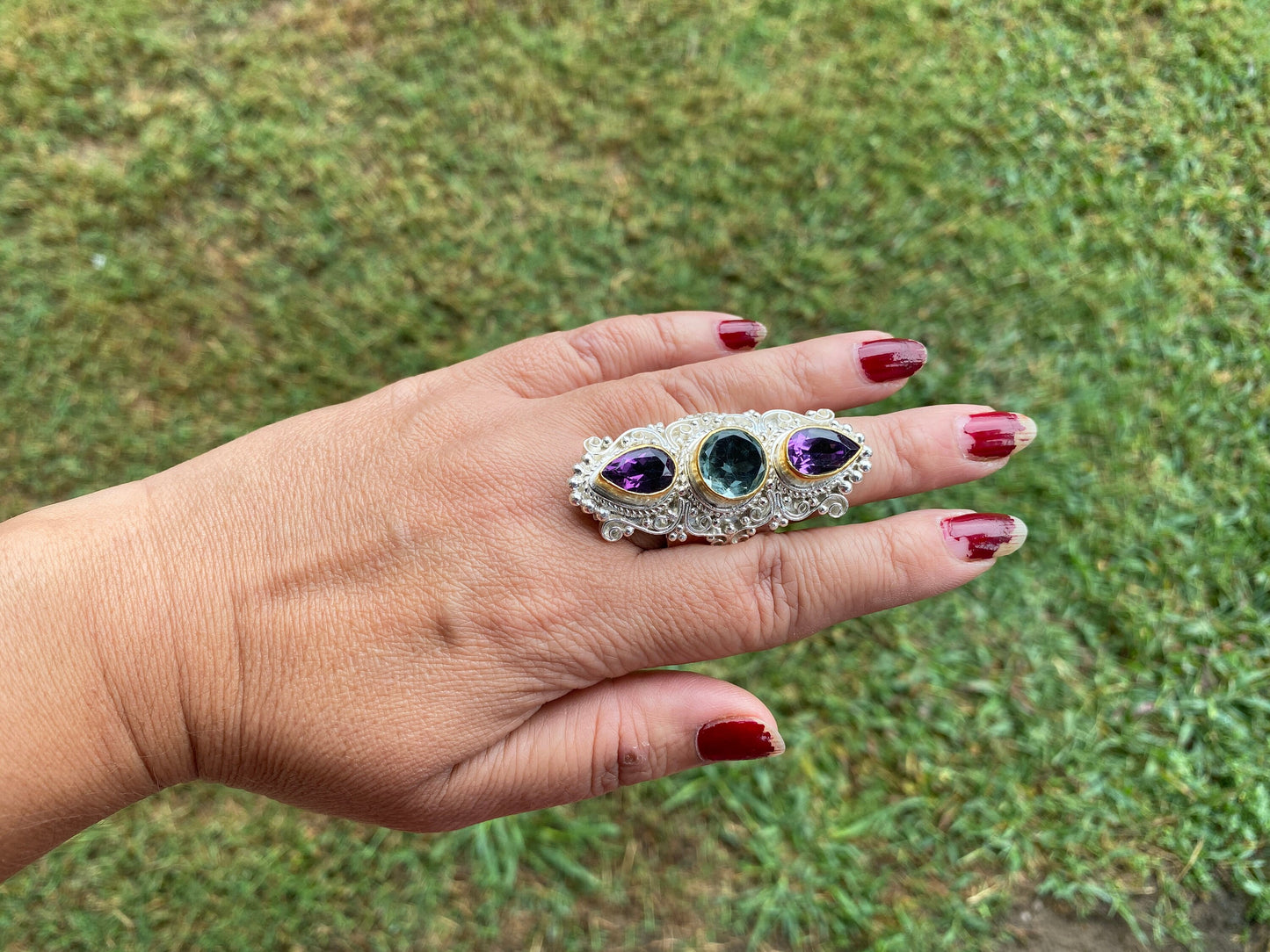 Large Adjustable Multi Gemstone Ring, Two Tone Ring, Gold and Silver Overlay Ring, Amethyst with Smoky Topaz, Statement Ring, Boho Ring