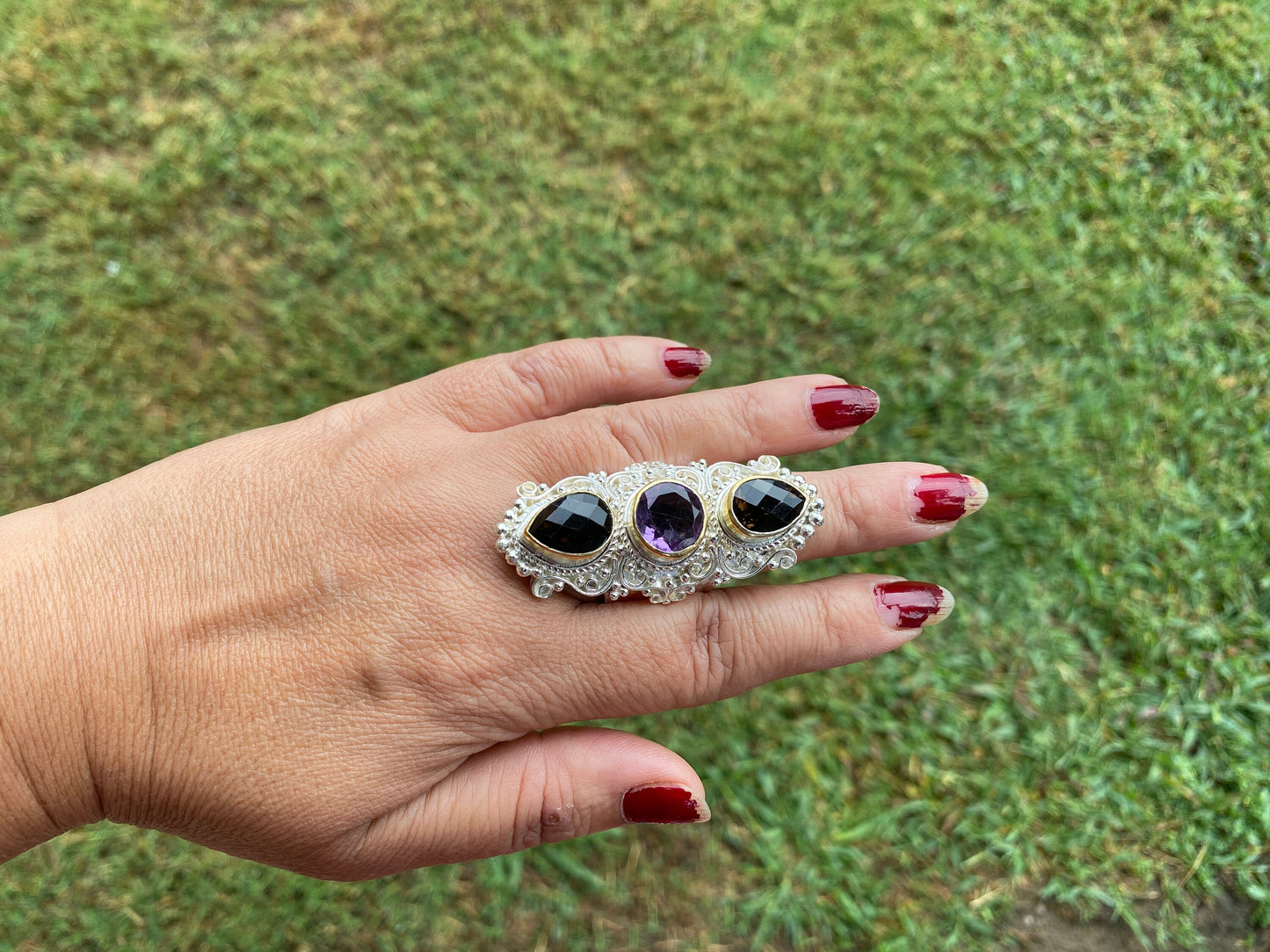 Large Adjustable Multi Gemstone Ring, Two Tone Ring, Gold and Silver Overlay Ring, Amethyst with Smoky Topaz, Statement Ring, Boho Ring