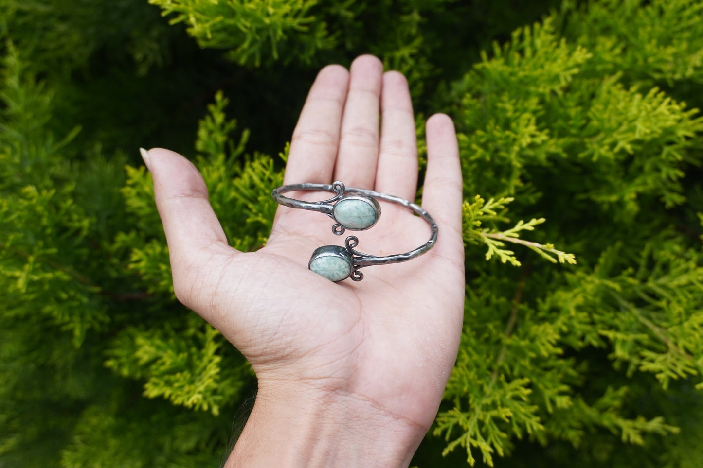 Large Adjustable Natural Amazonite Antique Silver Cuff Bracelet | Hammered Oxidized Silver Overlay Jewelry, Unique Handmade Statement Cuff