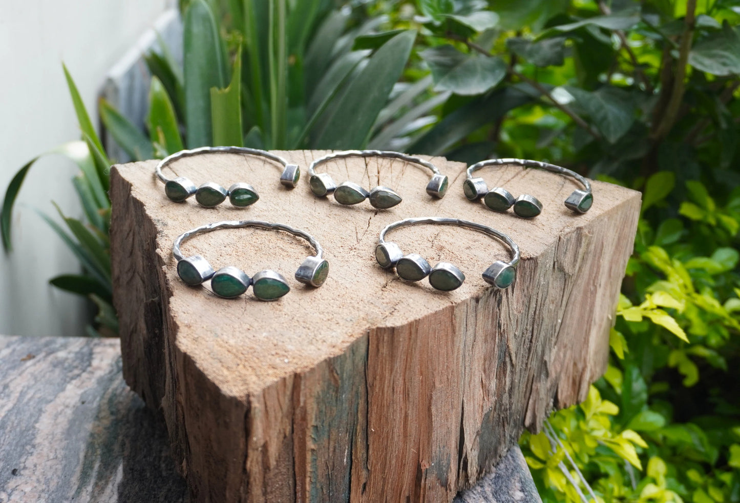 Large Adjustable Natural Emerald Antique Silver Cuff Bracelet | Oxidized Silver Overlay Jewelry, Unique Boho Gemstone Bangle