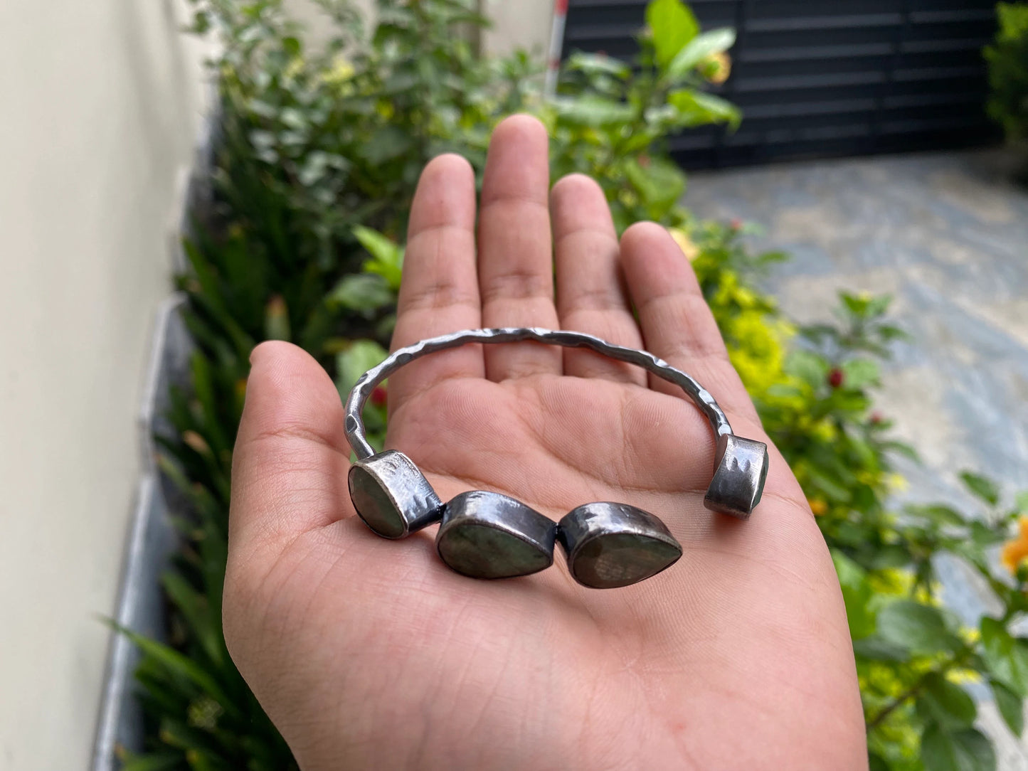 Large Adjustable Natural Emerald Antique Silver Cuff Bracelet | Oxidized Silver Overlay Jewelry, Unique Boho Gemstone Bangle