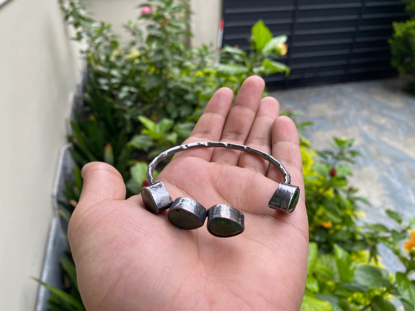 Large Adjustable Natural Emerald Antique Silver Cuff Bracelet | Oxidized Silver Overlay Jewelry, Unique Boho Gemstone Bangle