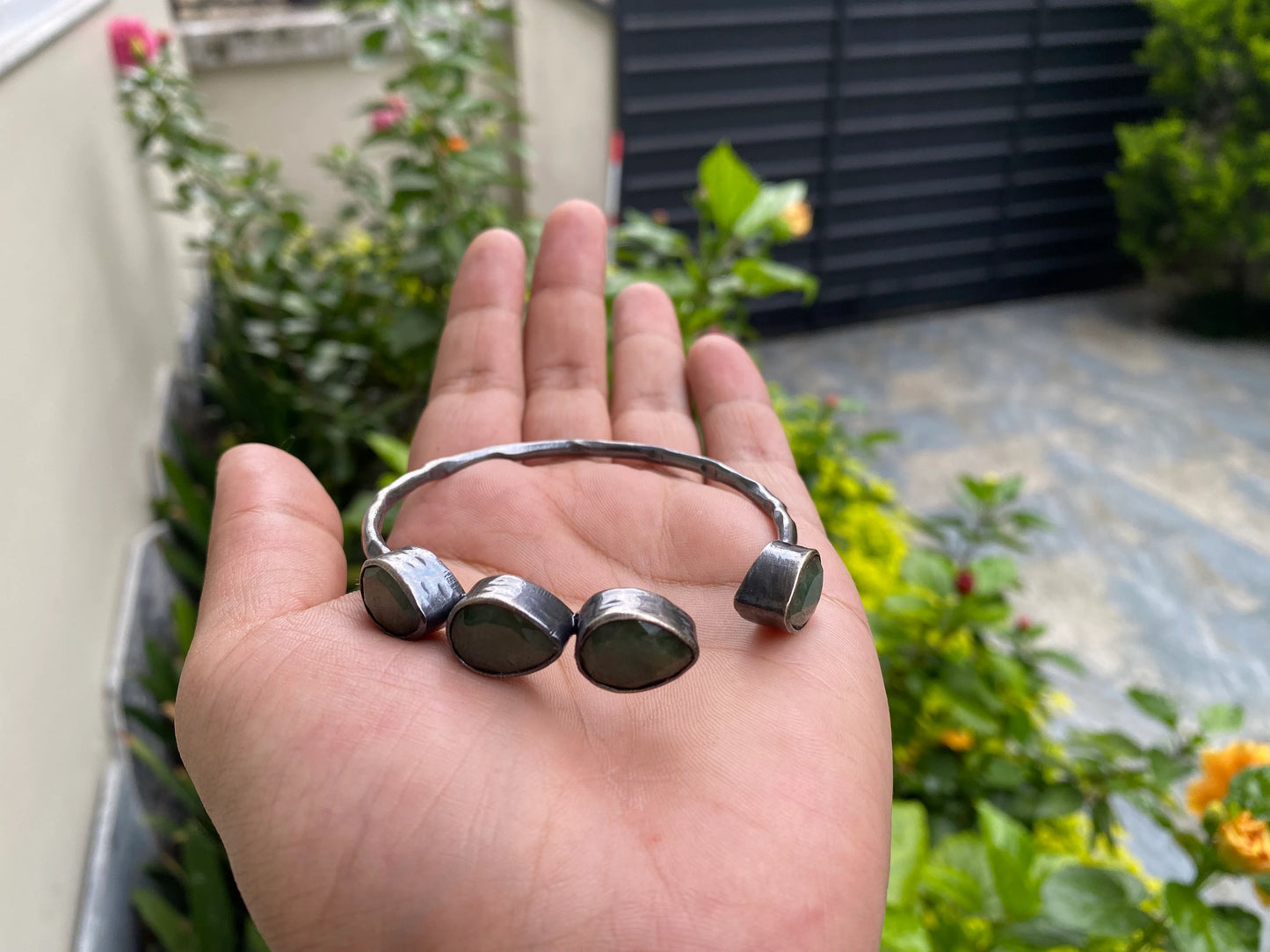 Large Adjustable Natural Emerald Antique Silver Cuff Bracelet | Oxidized Silver Overlay Jewelry, Unique Boho Gemstone Bangle