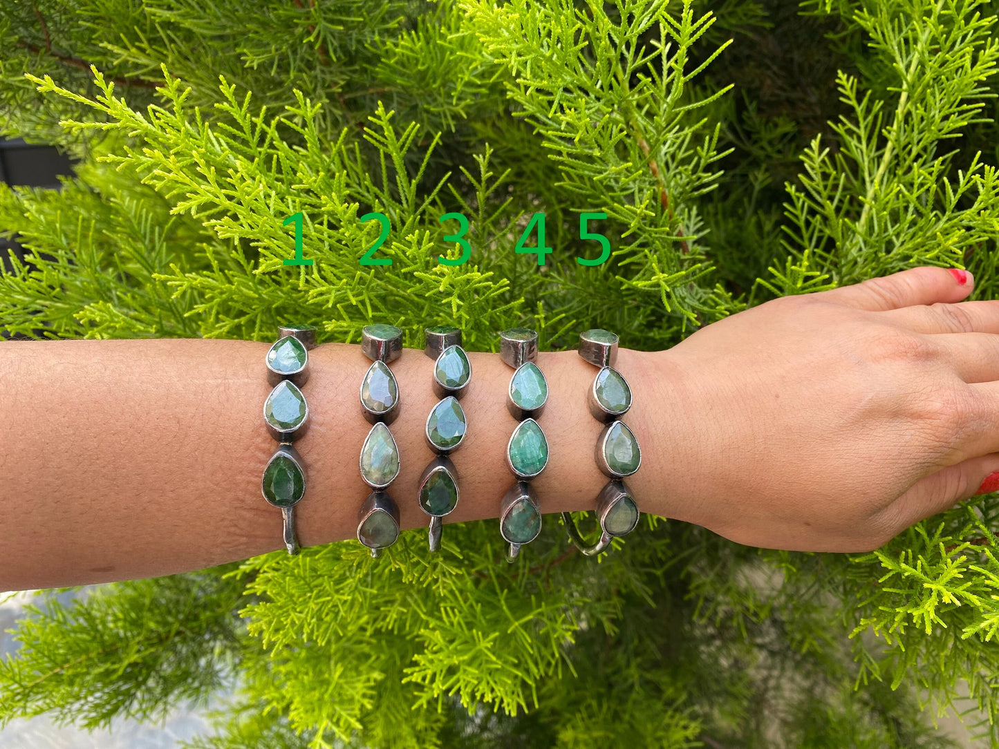 Large Adjustable Natural Emerald Antique Silver Cuff Bracelet | Oxidized Silver Overlay Jewelry, Unique Boho Gemstone Bangle
