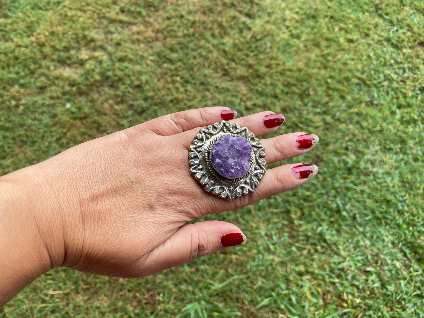 Large Adjustable Natural Raw Amethyst Druzy Tibetan Silver Ring, Natural Stone Large Ring, Statement Ring, Tibetan Big Ring, Boho ring