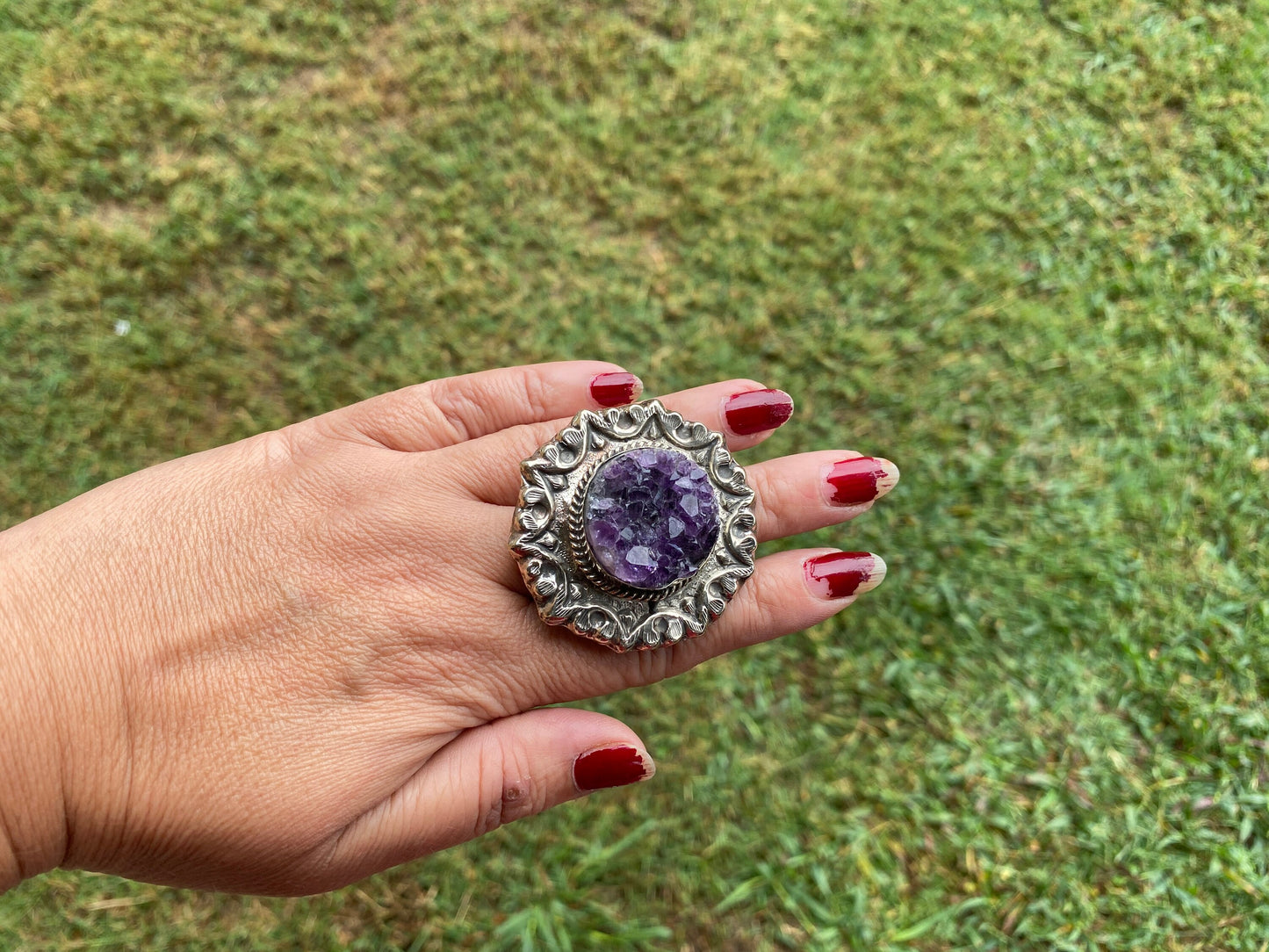 Large Adjustable Natural Raw Amethyst Druzy Tibetan Silver Ring, Natural Stone Large Ring, Statement Ring, Tibetan Big Ring, Boho ring