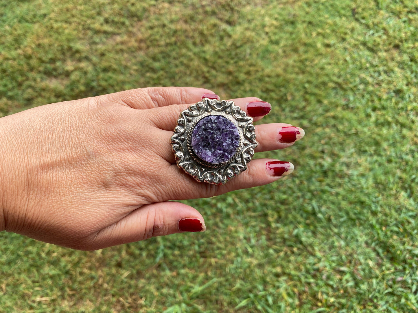 Large Adjustable Natural Raw Amethyst Druzy Tibetan Silver Ring, Natural Stone Large Ring, Statement Ring, Tibetan Big Ring, Boho ring
