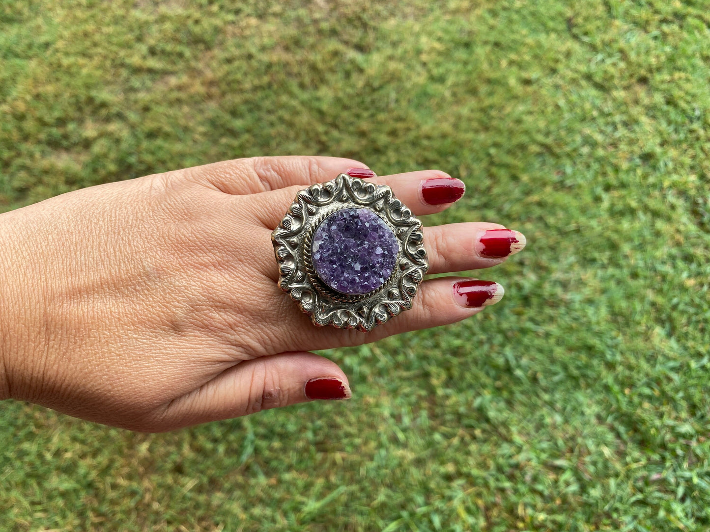 Large Adjustable Natural Raw Amethyst Druzy Tibetan Silver Ring, Natural Stone Large Ring, Statement Ring, Tibetan Big Ring, Boho ring