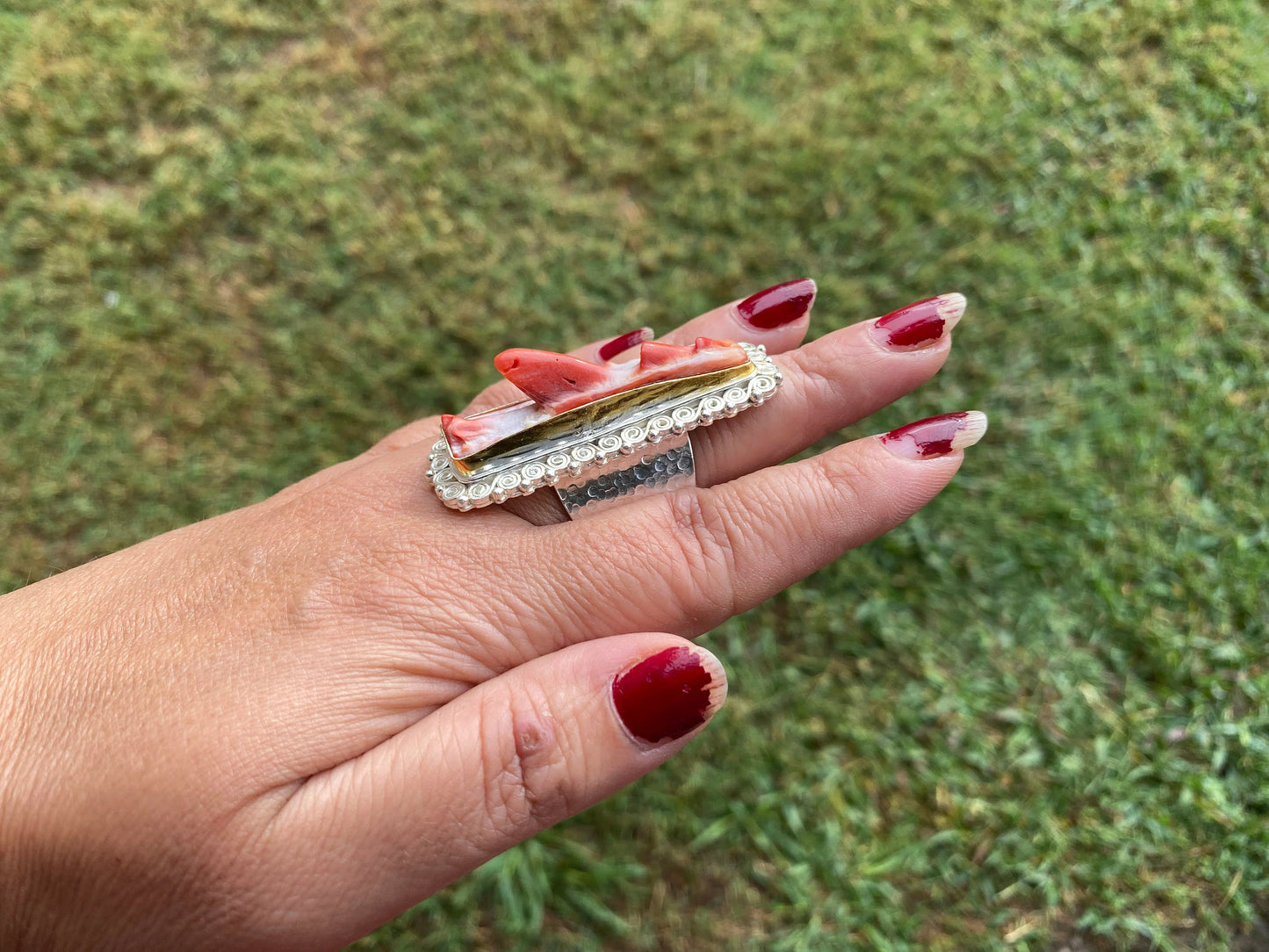 Large Adjustable Spiny Oyster Two Tone Ring, Gold Silver Overlay, Unique Design, Handcrafted Jewelry, Adjust To Fit, Contemporary Design