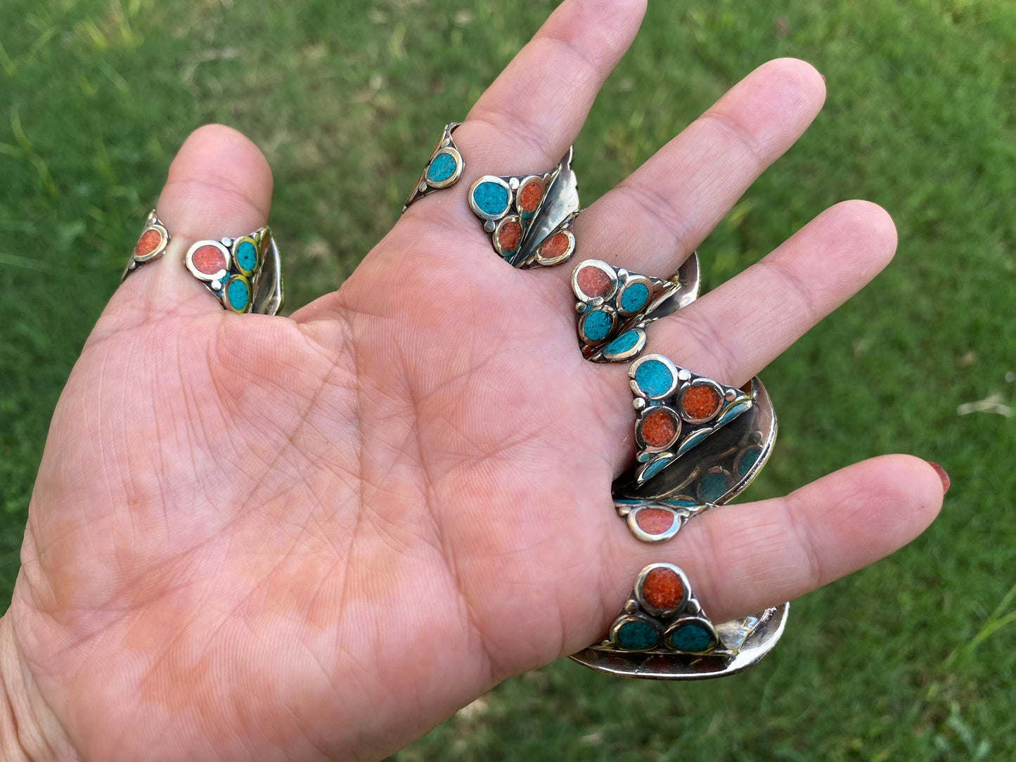 Large Adjustable Tibetan Silver Ring, Turquoise, Coral & Lapis Inlay Ring, Statement Ring, Ethnic Women Ring, Bohemian Hill Tribe Jewelry