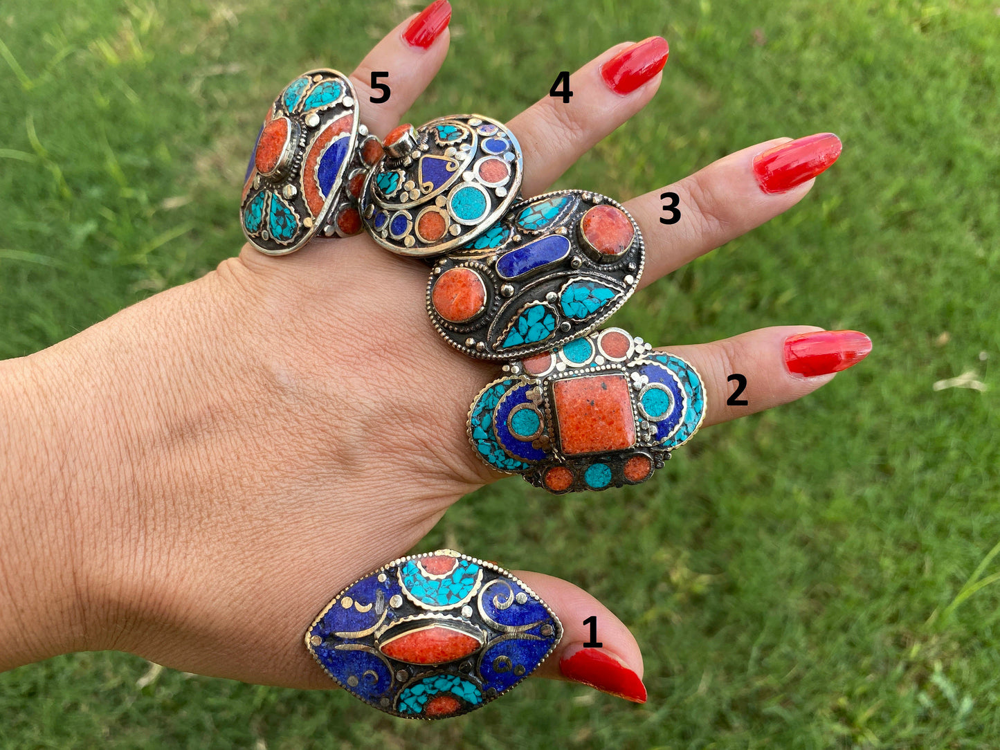Large Adjustable Tibetan Silver Ring, Turquoise, Coral & Lapis Inlay Ring, Statement Ring, Ethnic Women Ring, Bohemian Hill Tribe Jewelry