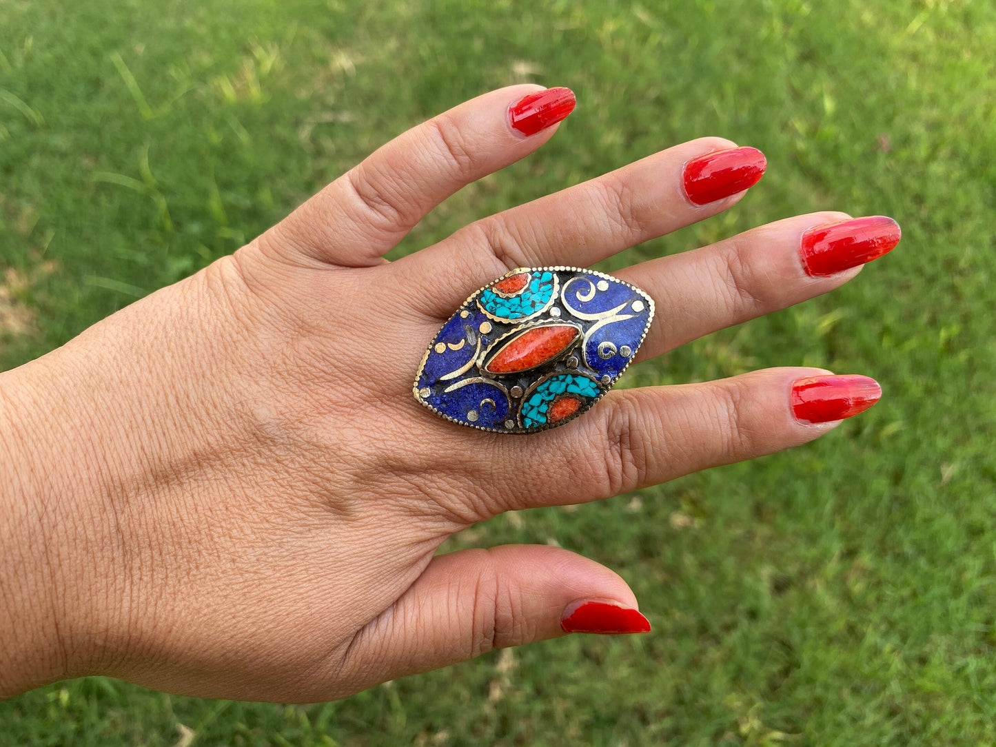 Large Adjustable Tibetan Silver Ring, Turquoise, Coral & Lapis Inlay Ring, Statement Ring, Ethnic Women Ring, Bohemian Hill Tribe Jewelry