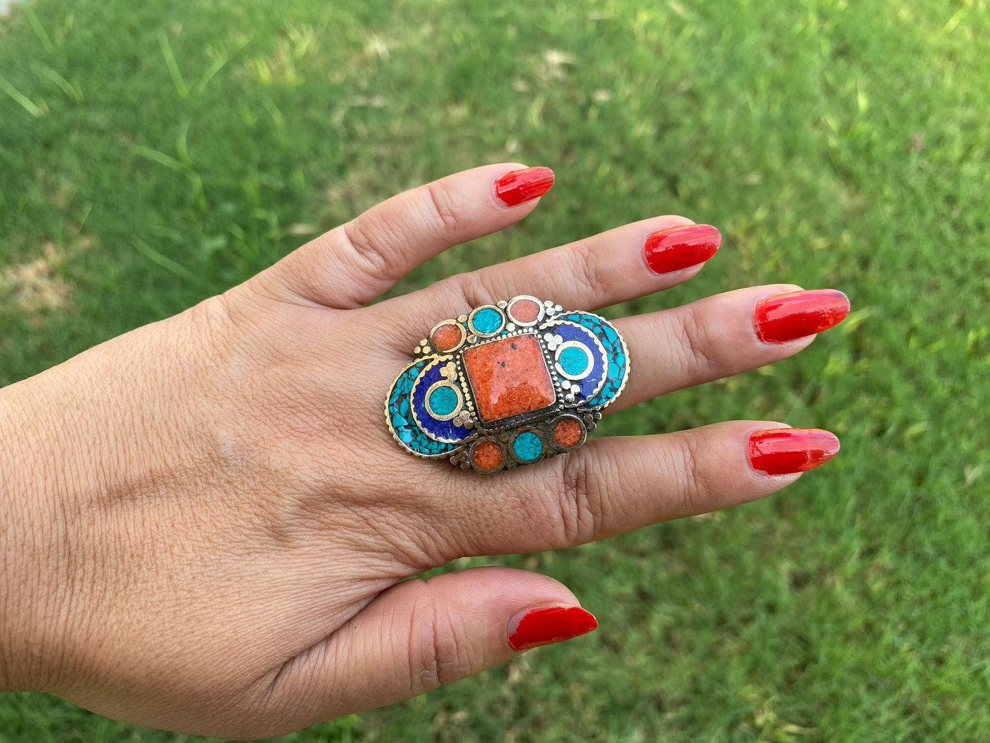 Large Adjustable Tibetan Silver Ring, Turquoise, Coral & Lapis Inlay Ring, Statement Ring, Ethnic Women Ring, Bohemian Hill Tribe Jewelry