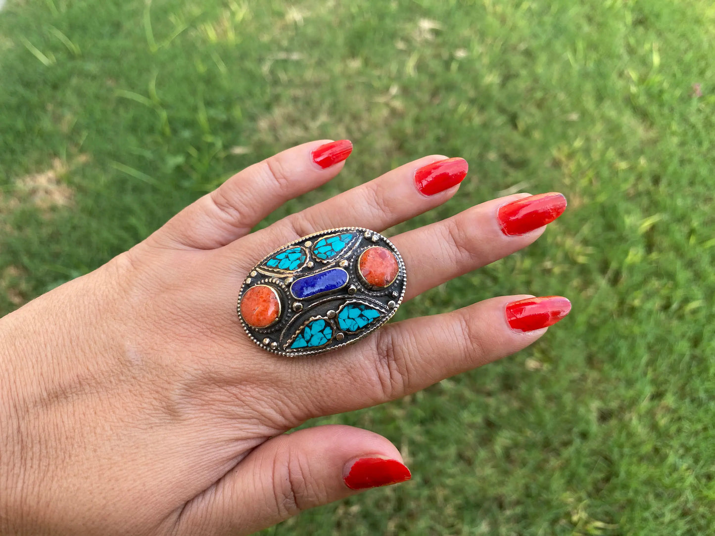 Large Adjustable Tibetan Silver Ring, Turquoise, Coral & Lapis Inlay Ring, Statement Ring, Ethnic Women Ring, Bohemian Hill Tribe Jewelry