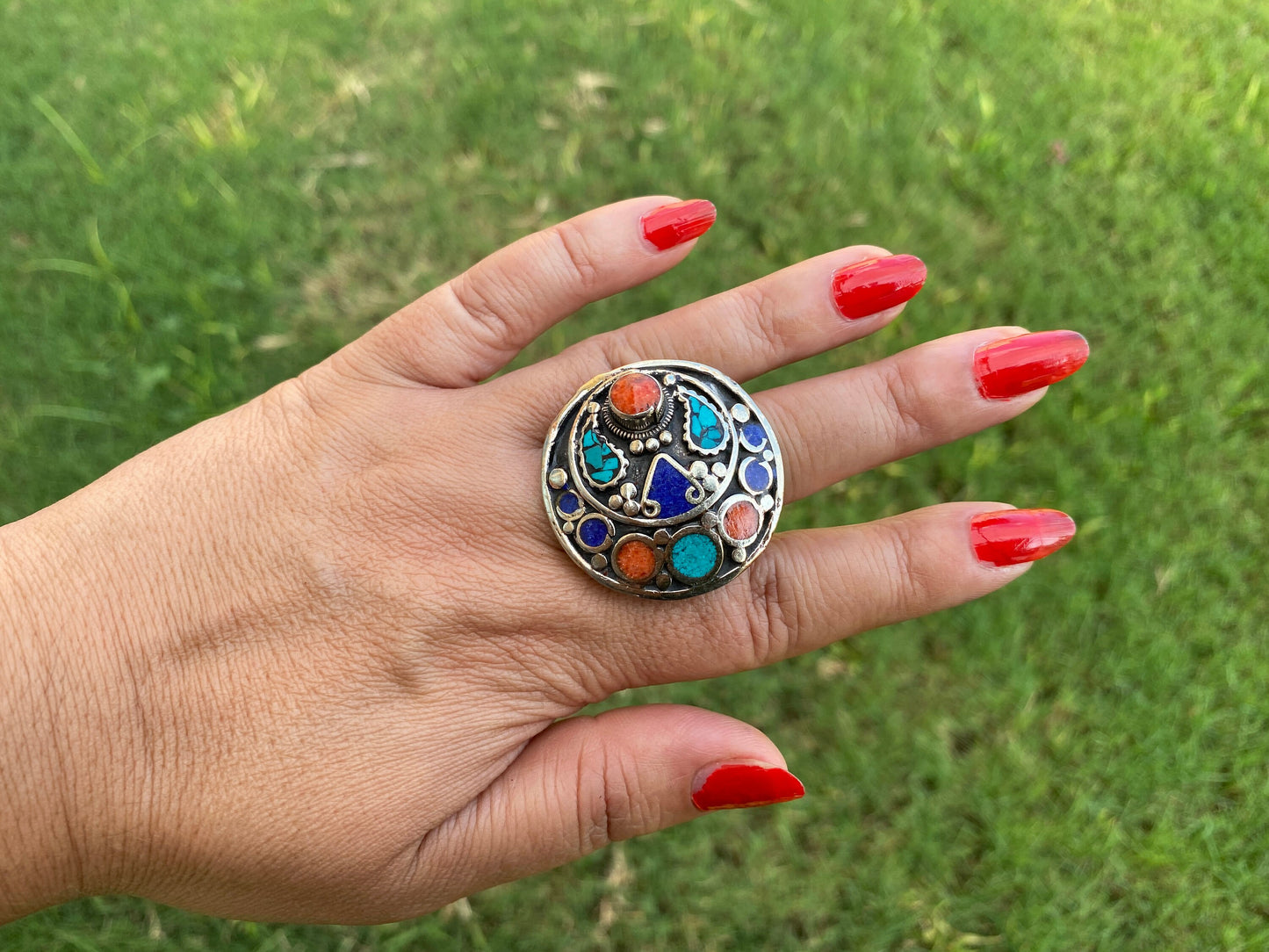 Large Adjustable Tibetan Silver Ring, Turquoise, Coral & Lapis Inlay Ring, Statement Ring, Ethnic Women Ring, Bohemian Hill Tribe Jewelry