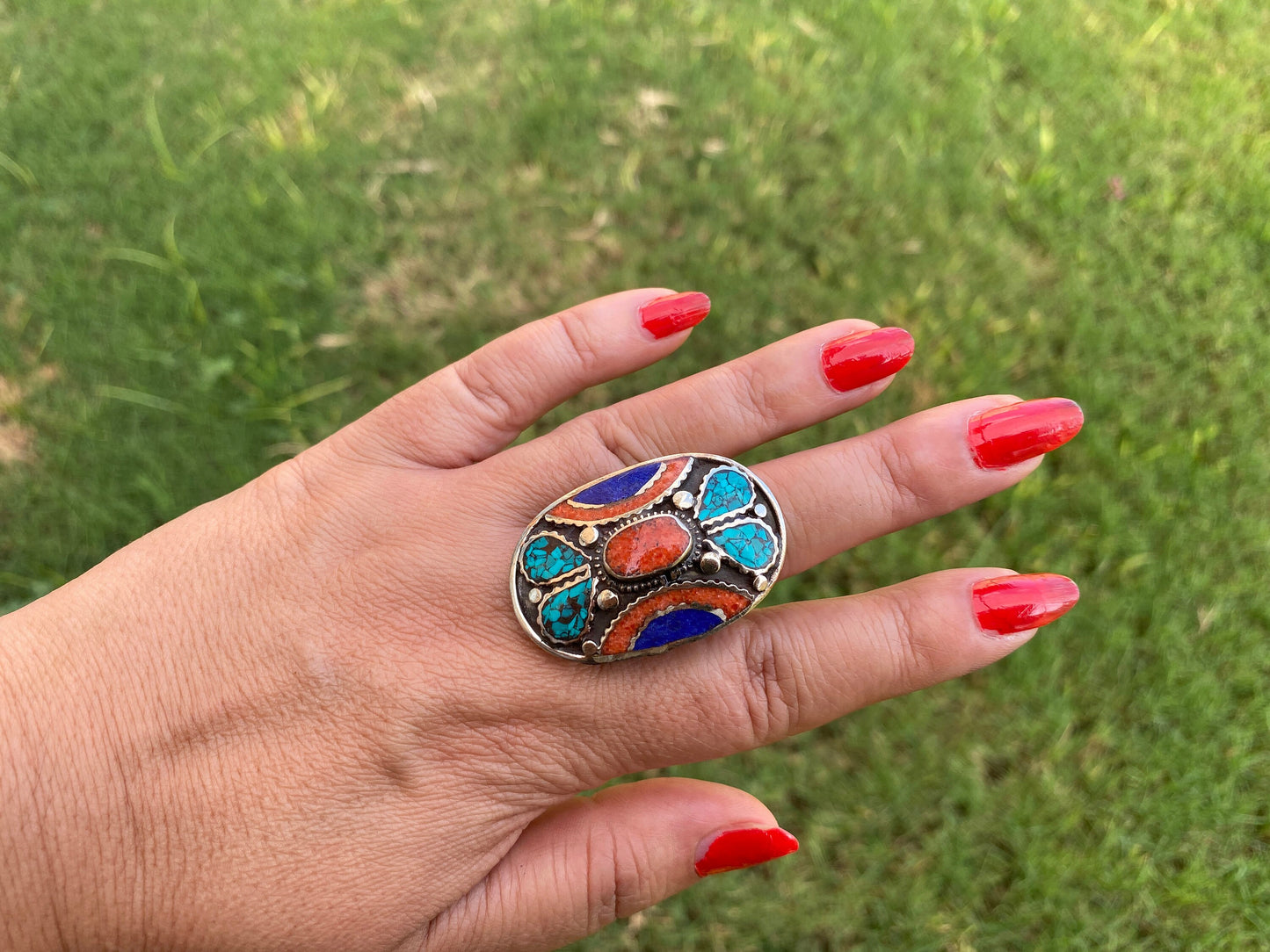 Large Adjustable Tibetan Silver Ring, Turquoise, Coral & Lapis Inlay Ring, Statement Ring, Ethnic Women Ring, Bohemian Hill Tribe Jewelry