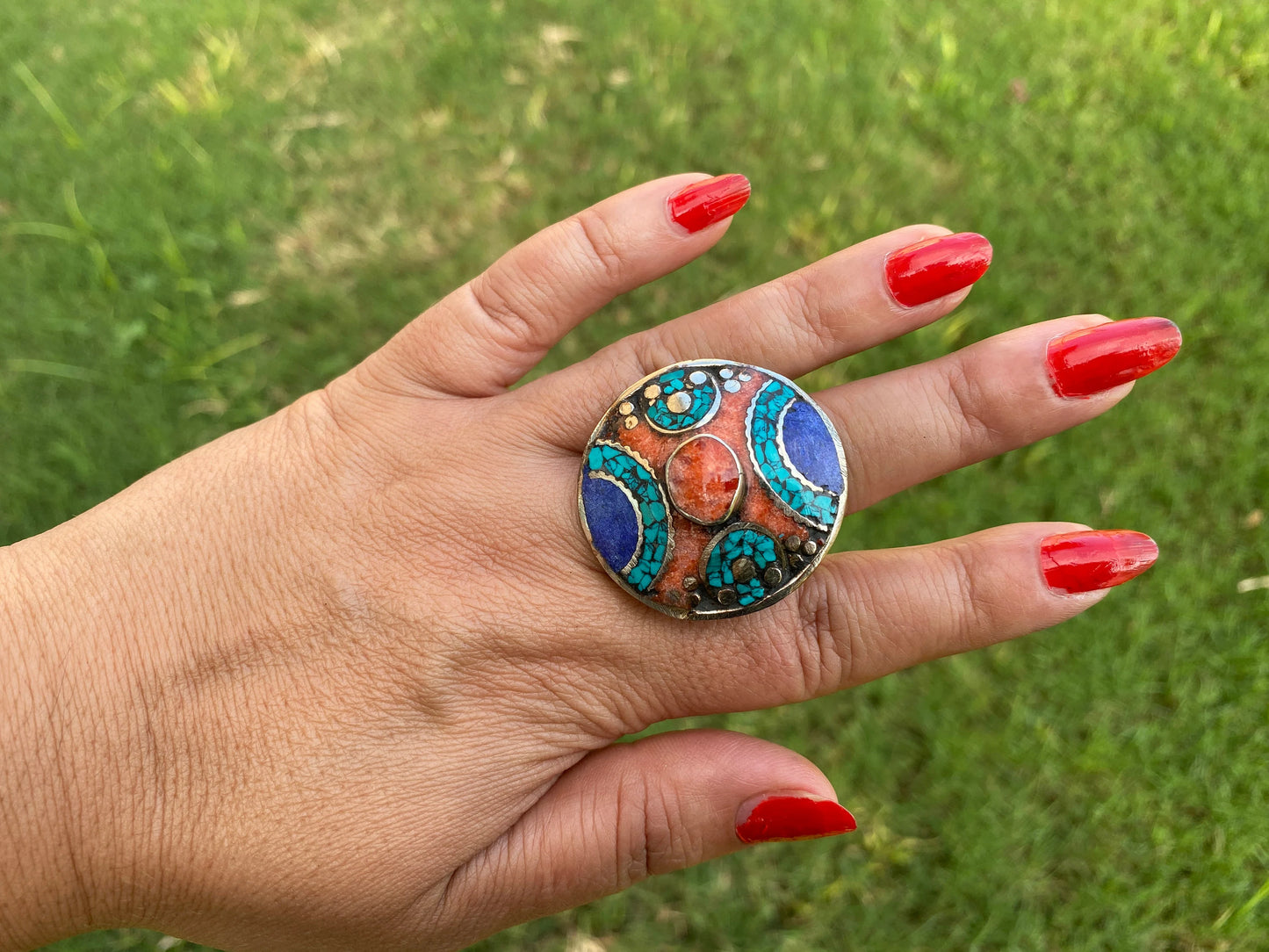 Large Adjustable Tibetan Silver Ring, Turquoise, Coral & Lapis Inlay Ring, Statement Ring, Ethnic Women Ring, Bohemian Hill Tribe Jewelry