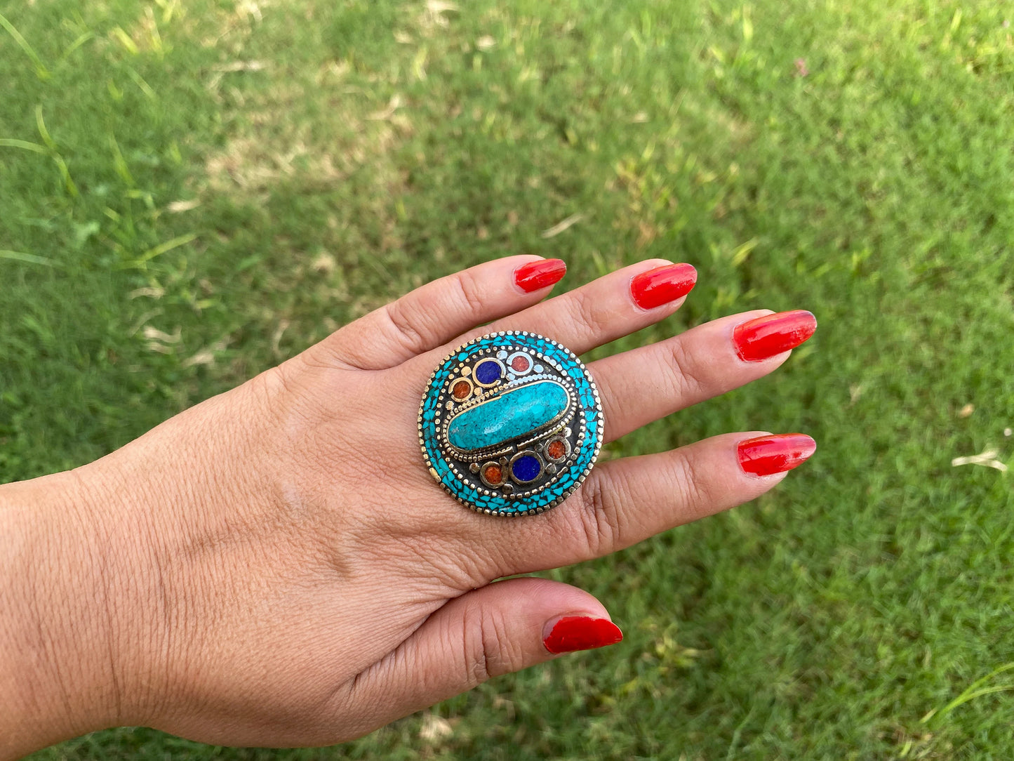 Large Adjustable Tibetan Silver Ring, Turquoise, Coral & Lapis Inlay Ring, Statement Ring, Ethnic Women Ring, Bohemian Hill Tribe Jewelry
