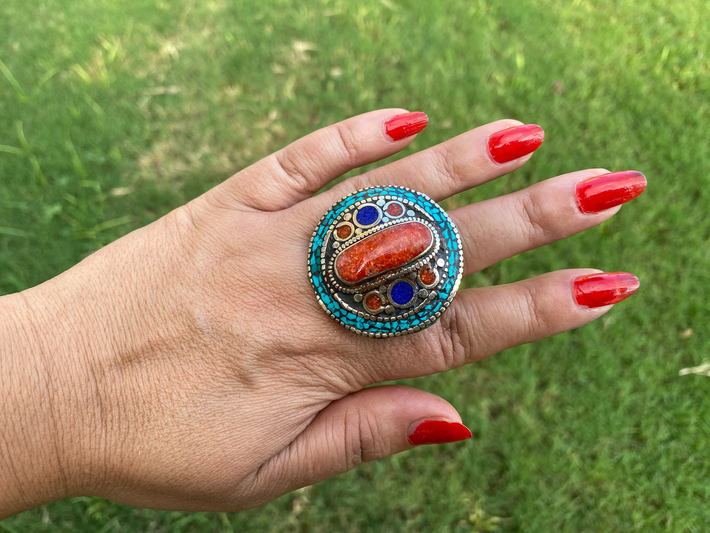 Large Adjustable Tibetan Silver Ring, Turquoise, Coral & Lapis Inlay Ring, Statement Ring, Ethnic Women Ring, Bohemian Hill Tribe Jewelry