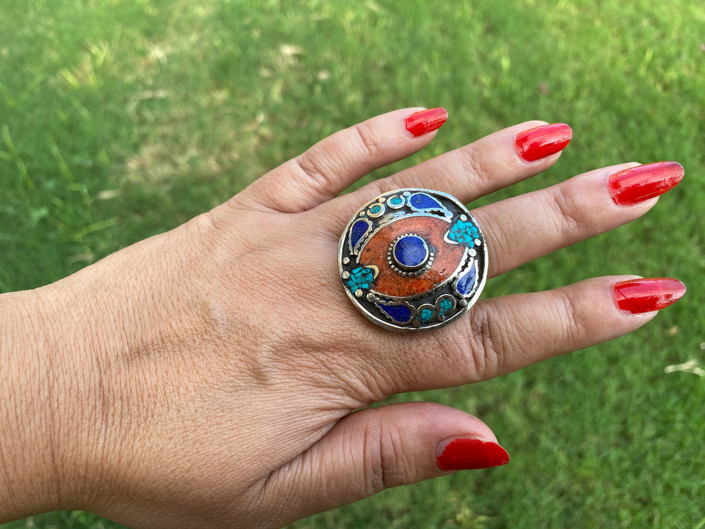 Large Adjustable Tibetan Silver Ring, Turquoise, Coral & Lapis Inlay Ring, Statement Ring, Ethnic Women Ring, Bohemian Hill Tribe Jewelry