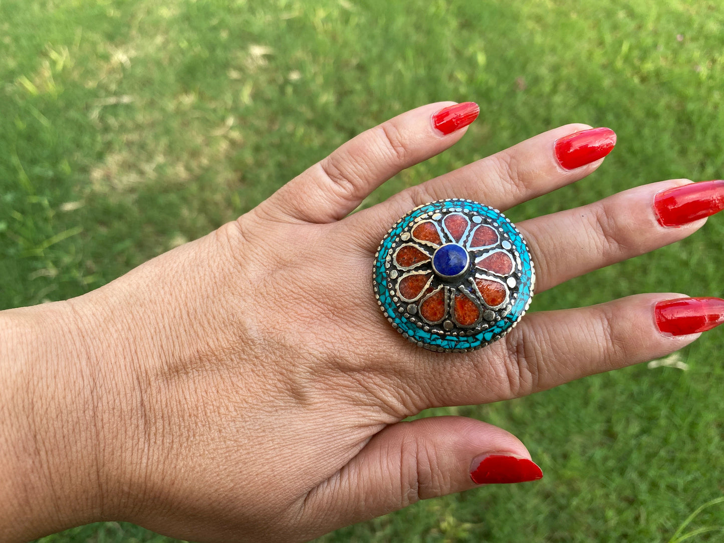 Large Adjustable Tibetan Silver Ring, Turquoise, Coral & Lapis Inlay Ring, Statement Ring, Ethnic Women Ring, Bohemian Hill Tribe Jewelry