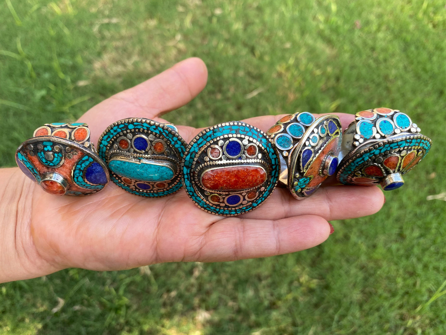 Large Adjustable Tibetan Silver Ring, Turquoise, Coral & Lapis Inlay Ring, Statement Ring, Ethnic Women Ring, Bohemian Hill Tribe Jewelry