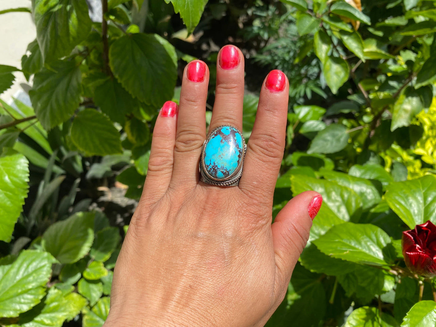 Large Adjustable Two-Tone Natural Turquoise Ring with Butterfly Design in Silver Overlay Brass | Handmade Ring, Bohemian Jewelry, Big Stone