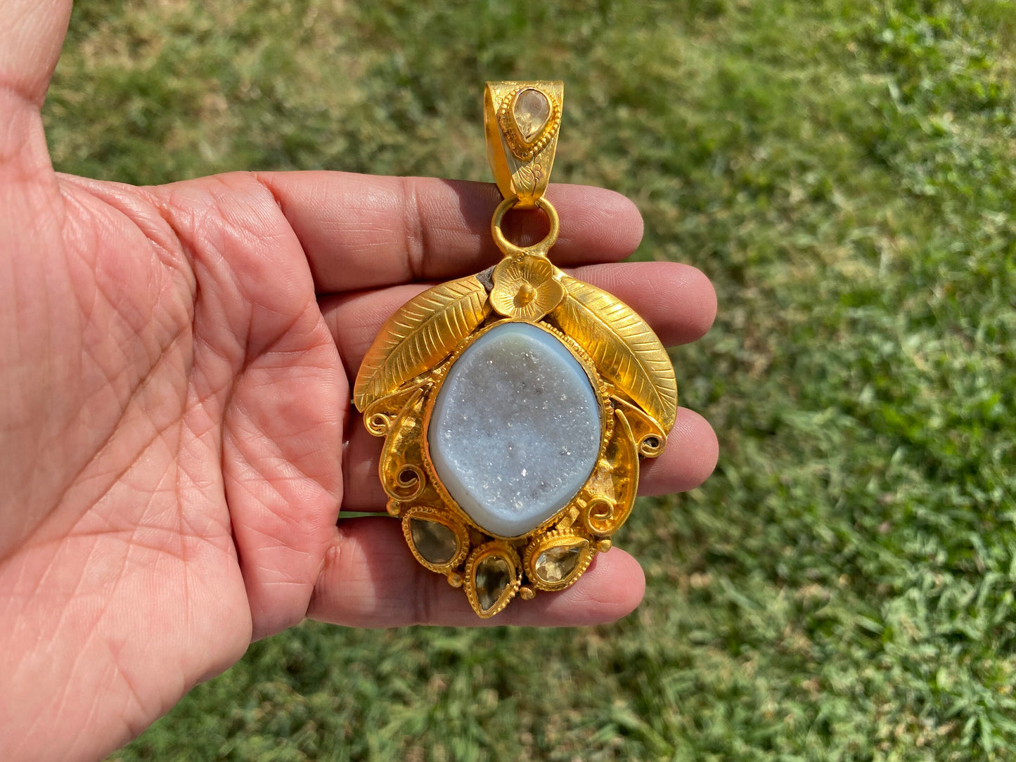 Large Agate Druzy Pendant, Non Tarnish Brushed Gold Overlay, Natural Gemstone Pendant, Healing Crystal, Ethnic Jewelry, Luxury Pendant