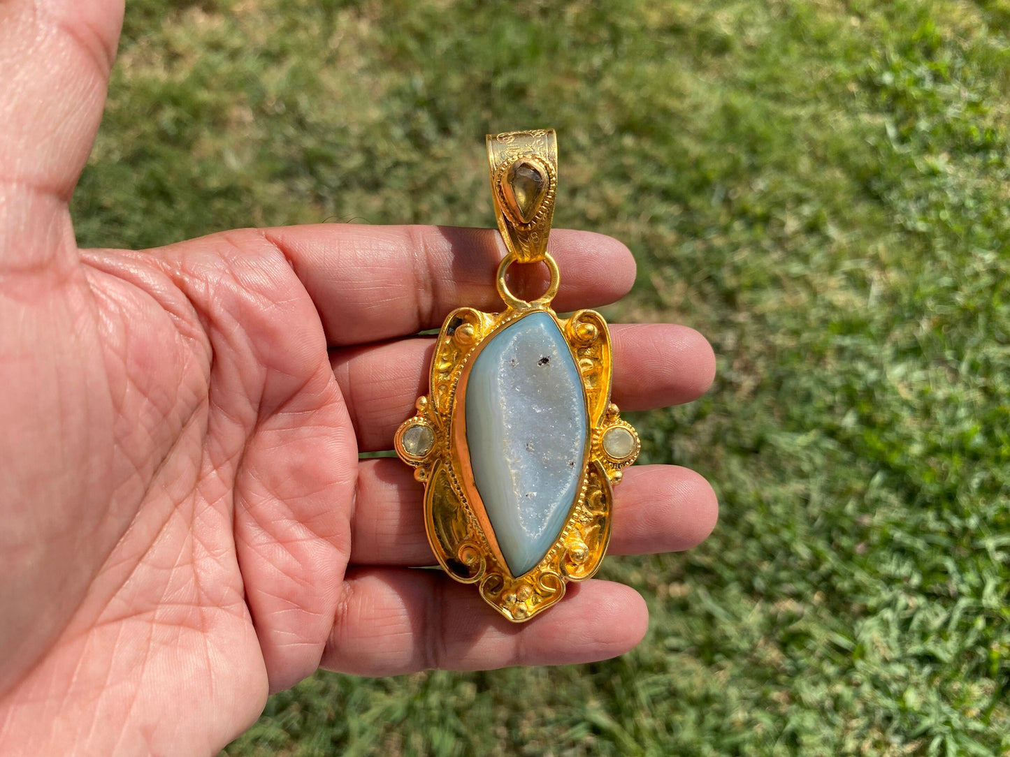 Large Agate Druzy Pendant, Non Tarnish Brushed Gold Overlay, Natural Gemstone Pendant, Healing Crystal, Ethnic Jewelry, Luxury Pendant