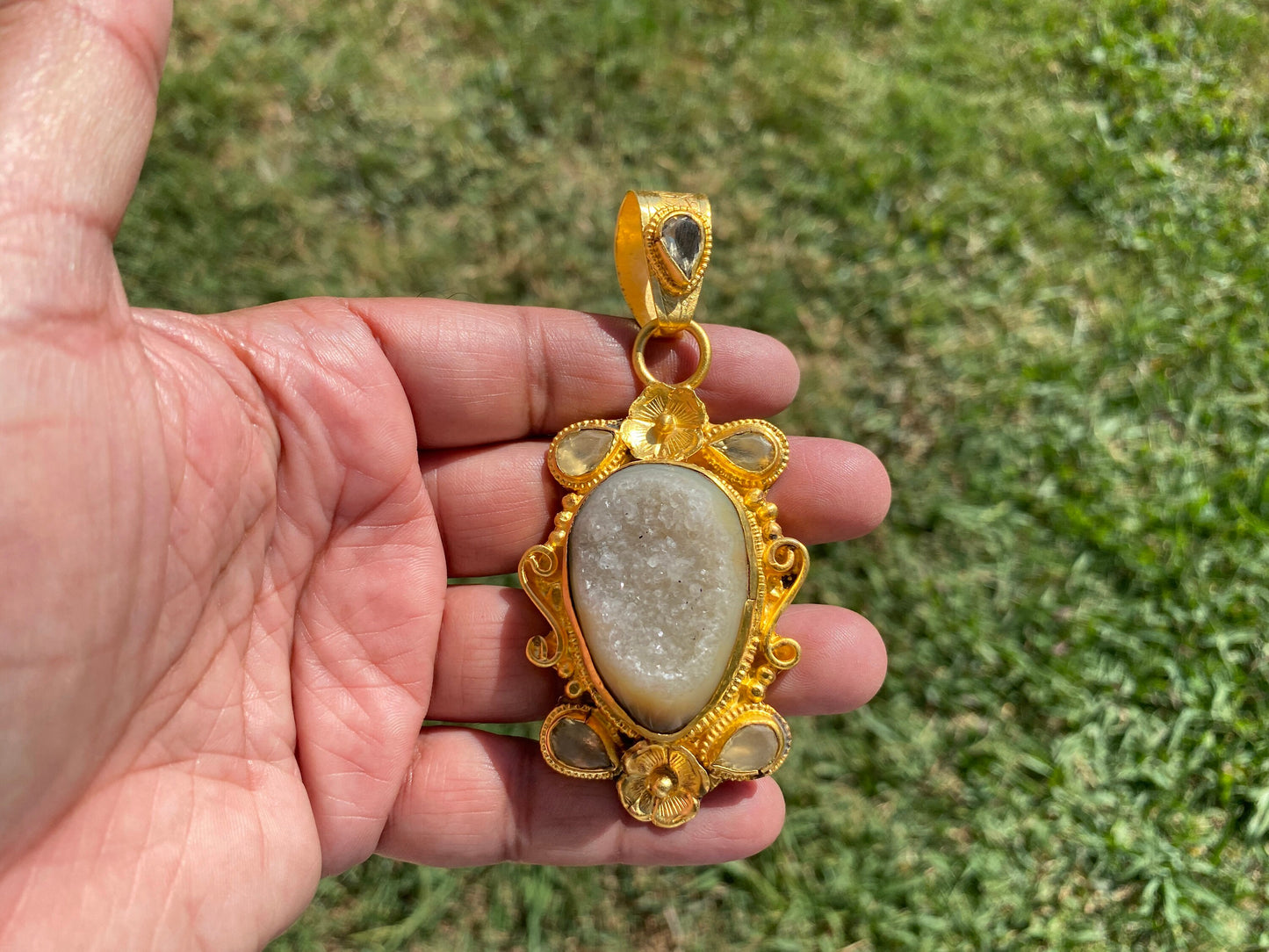 Large Agate Druzy Pendant, Non Tarnish Brushed Gold Overlay, Natural Gemstone Pendant, Healing Crystal, Ethnic Jewelry, Luxury Pendant