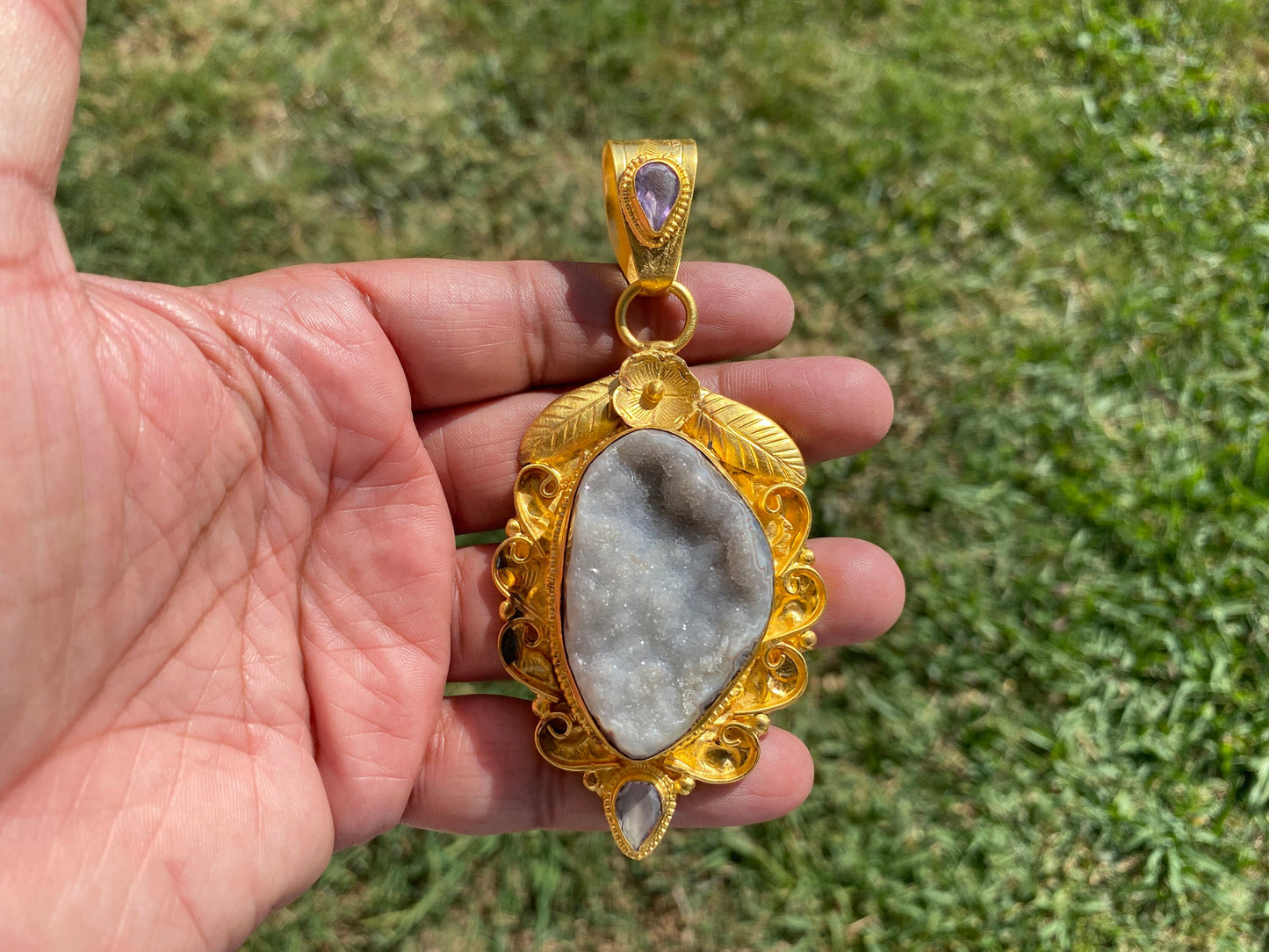 Large Agate Druzy Pendant, Non Tarnish Brushed Gold Overlay, Natural Gemstone Pendant, Healing Crystal, Ethnic Jewelry, Luxury Pendant