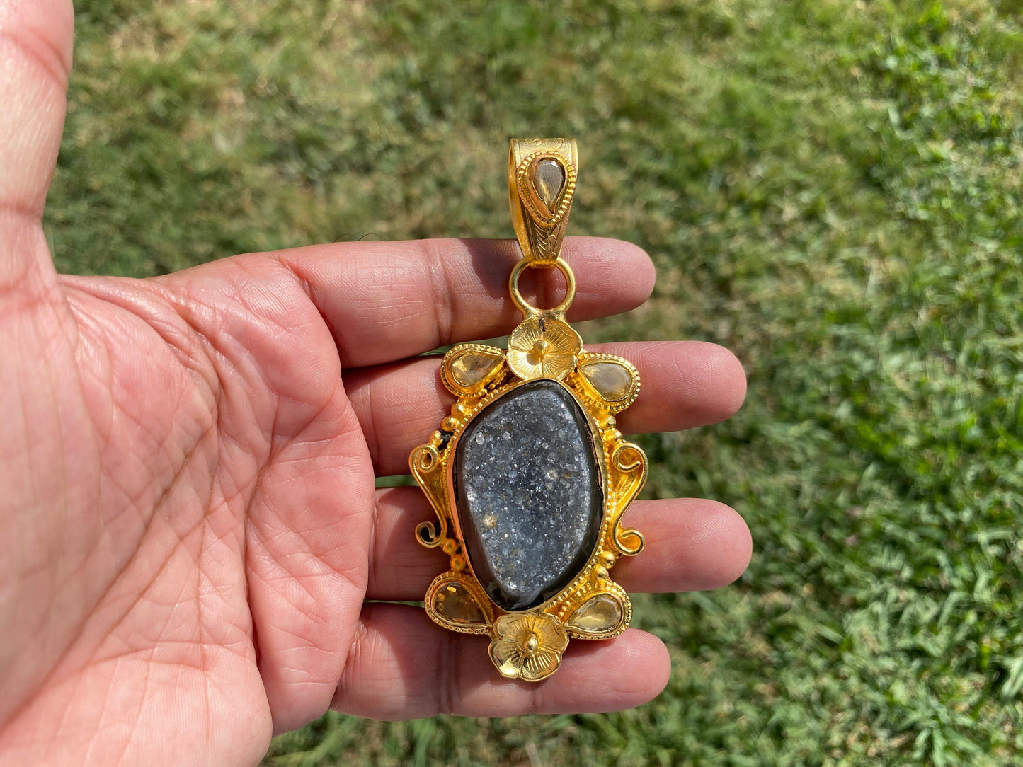 Large Agate Druzy Pendant, Non Tarnish Brushed Gold Overlay, Natural Gemstone Pendant, Healing Crystal, Ethnic Jewelry, Luxury Pendant