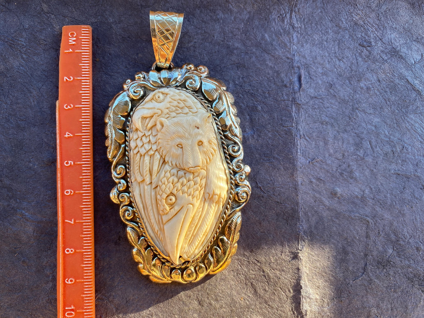 Large Bear & Eagle Buffalo Bone Hand Carved Tibetan Silver Pendant, Jewelry for Men or Women, Wildlife Animal Lover Gift, For Bird Lovers