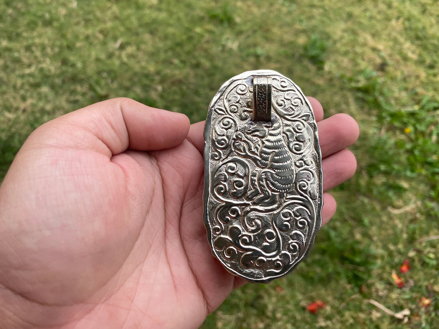 Large Bear & Eagle with Lady Face Hand Carved Bone Tibetan Silver Pendant, Women's or Men Jewelry, Tribal Jewelry, Ethnic Bohemian Jewelry