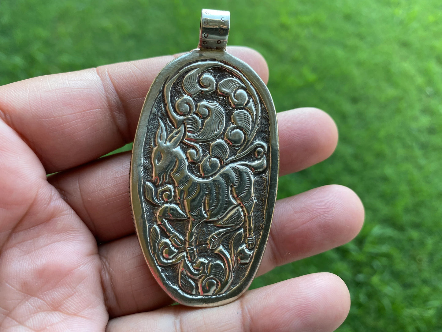 Large Bear with Eagle Buffalo Bone Hand Carved Tibetan Silver Pendant, Deer Designs Pendant, Jewelry for Men or Women, Animal Lover Pendant