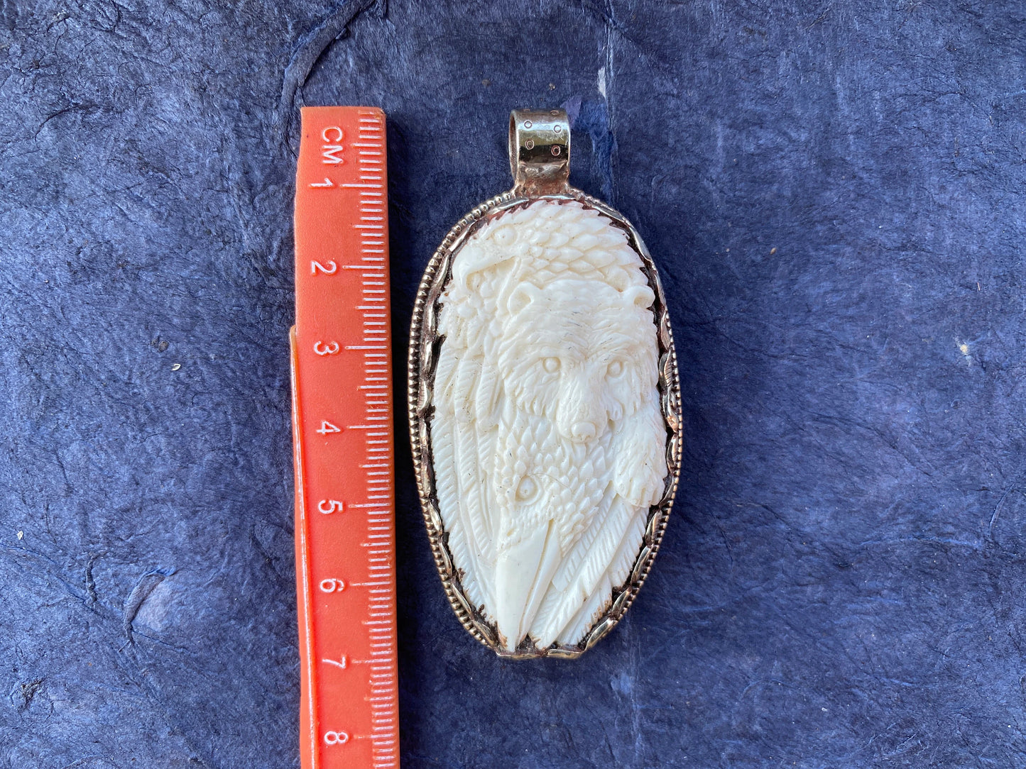 Large Bear with Eagle Buffalo Bone Hand Carved Tibetan Silver Pendant, Deer Designs Pendant, Jewelry for Men or Women, Animal Lover Pendant