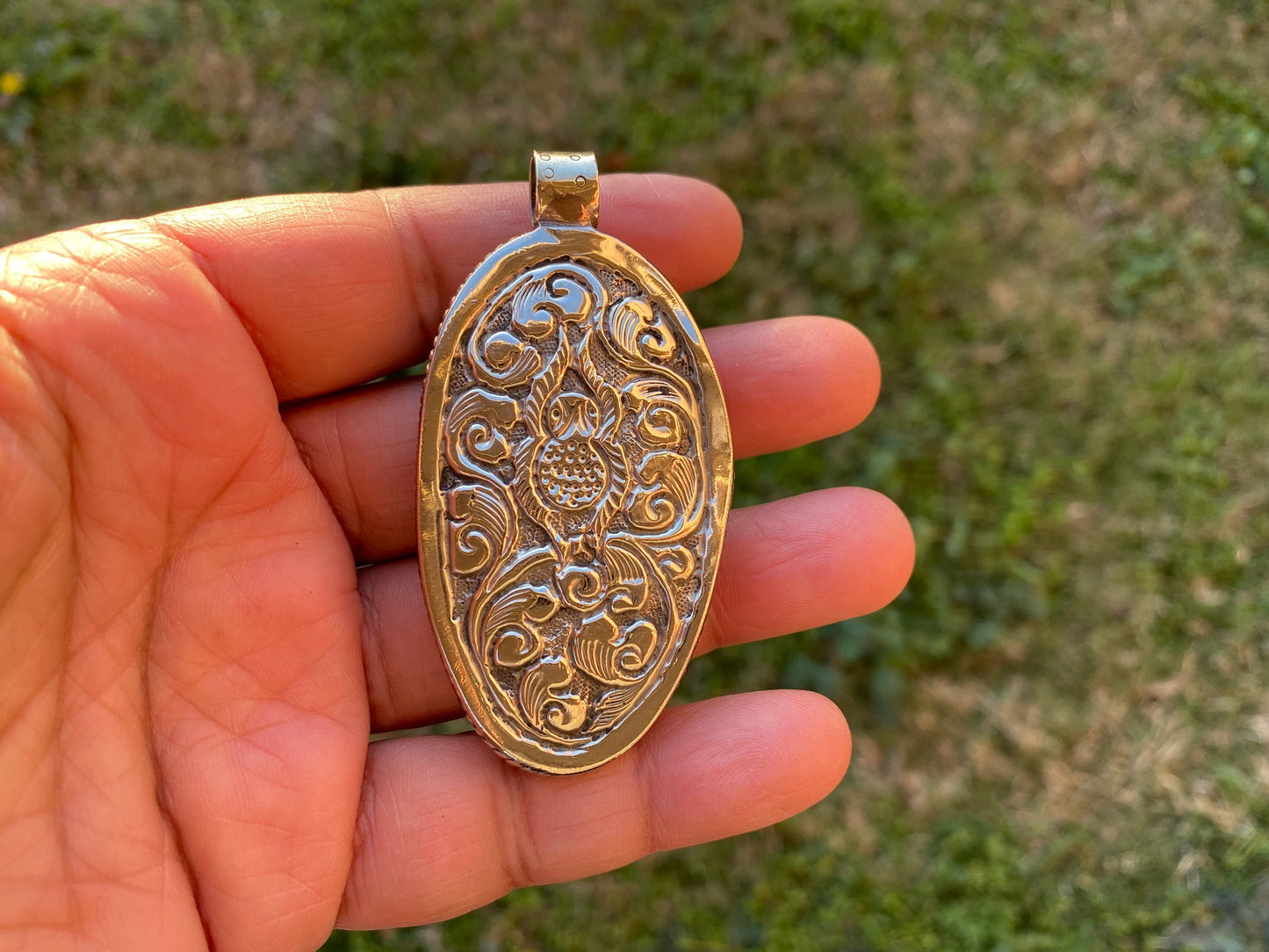 Large Bear with Fox Buffalo Bone Hand Carved Tibetan Silver Pendant, Jewelry for Men or Women, Ethnic Jewelry, Animal Designs Pendant
