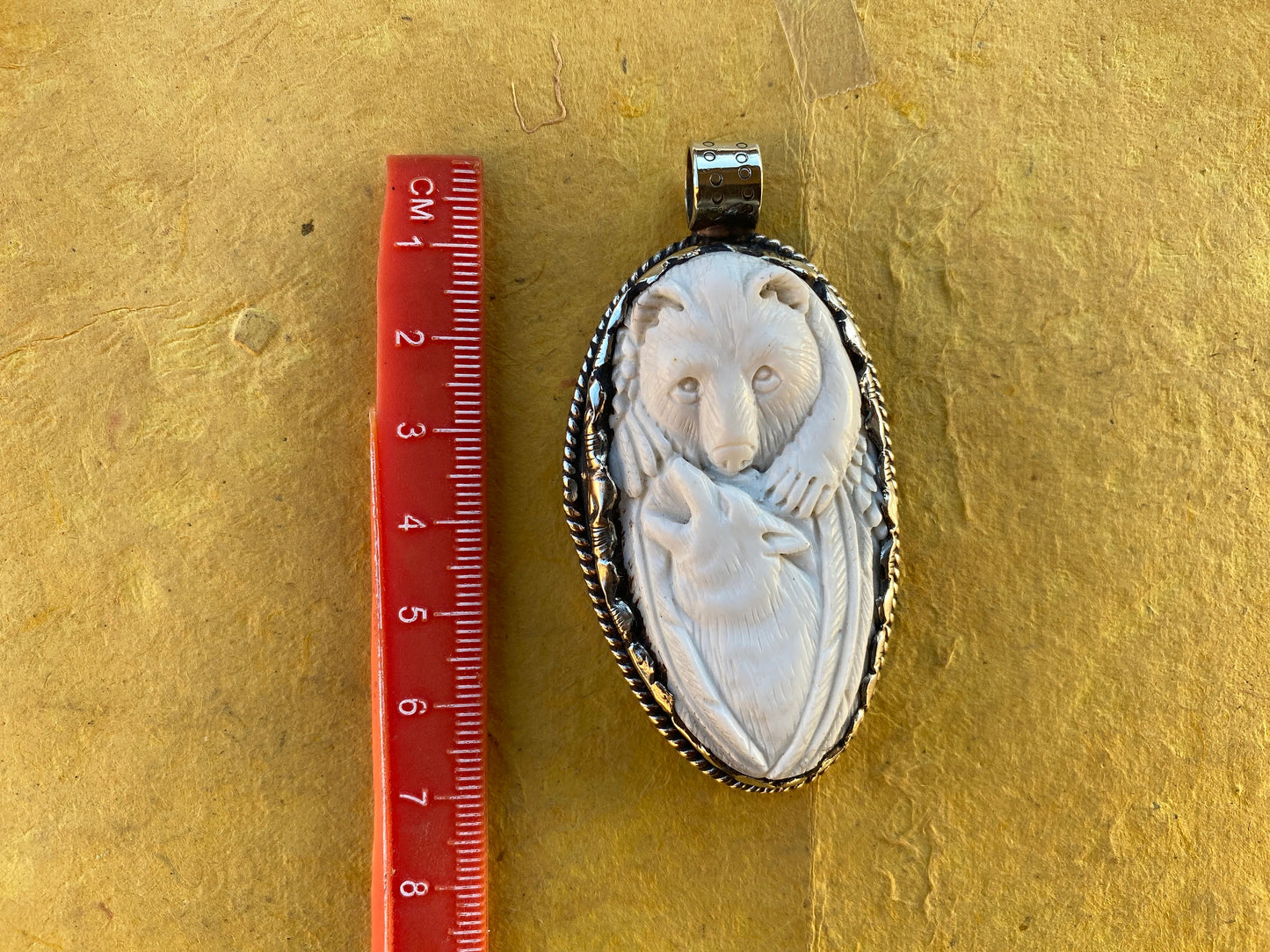 Large Bear with Fox Buffalo Bone Hand Carved Tibetan Silver Pendant, Jewelry for Men or Women, Ethnic Jewelry, Animal Designs Pendant